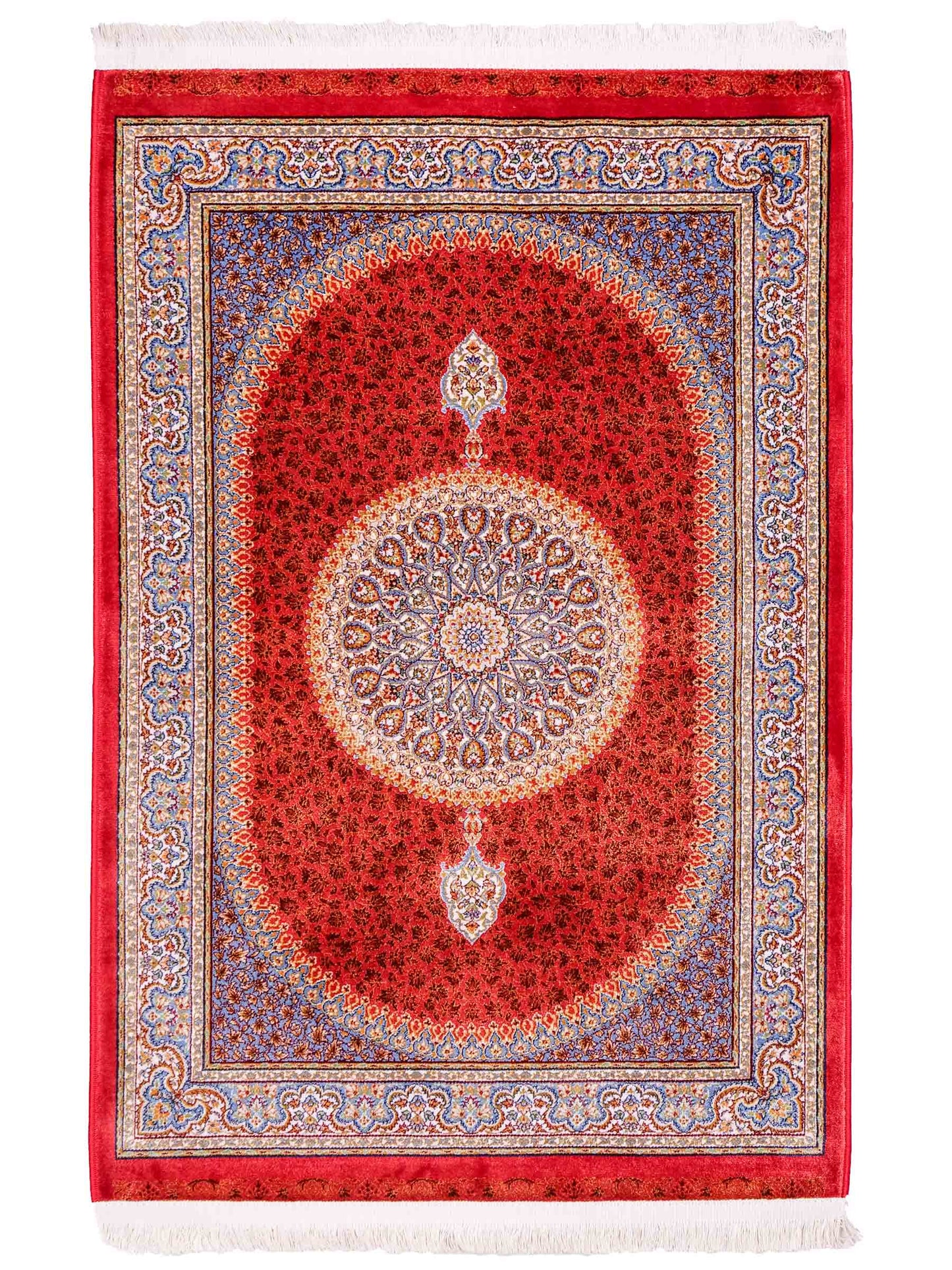 Ghom Maschinenteppich "Fereydun" 90 x 60 cm aus pflanzlicher Seide (Viskose) mit Medaillon, Orange. Teppichnummer: V28BU054M. Persian Luxury Collection by Khademi. Made in Iran / Persia – Vertrieb durch JUPITER Intl.