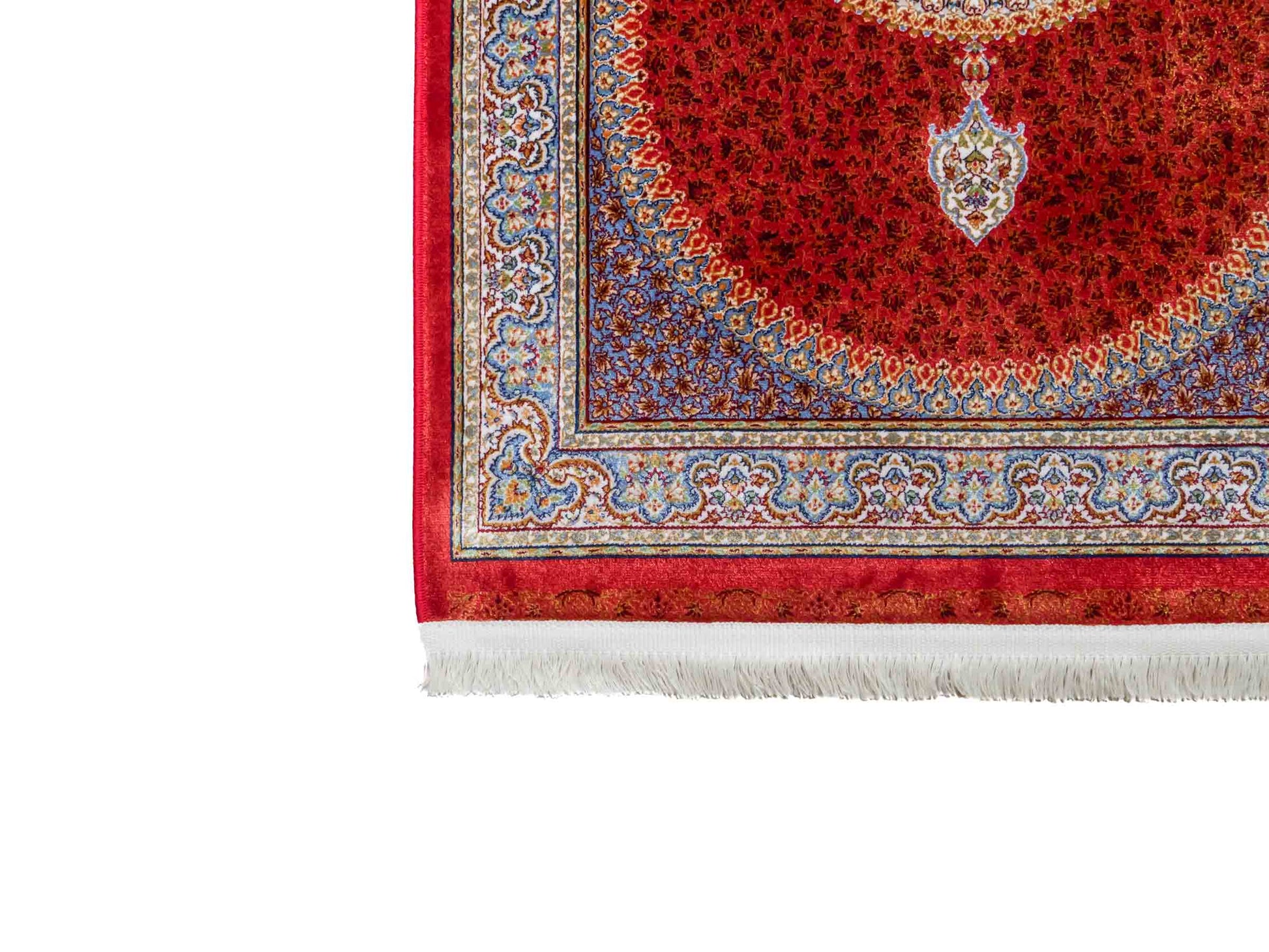 Ghom Maschinenteppich "Fereydun" 90 x 60 cm aus pflanzlicher Seide (Viskose) mit Medaillon, Orange. Teppichnummer: V28BU054M. Persian Luxury Collection by Khademi. Made in Iran / Persia – Vertrieb durch JUPITER Intl.