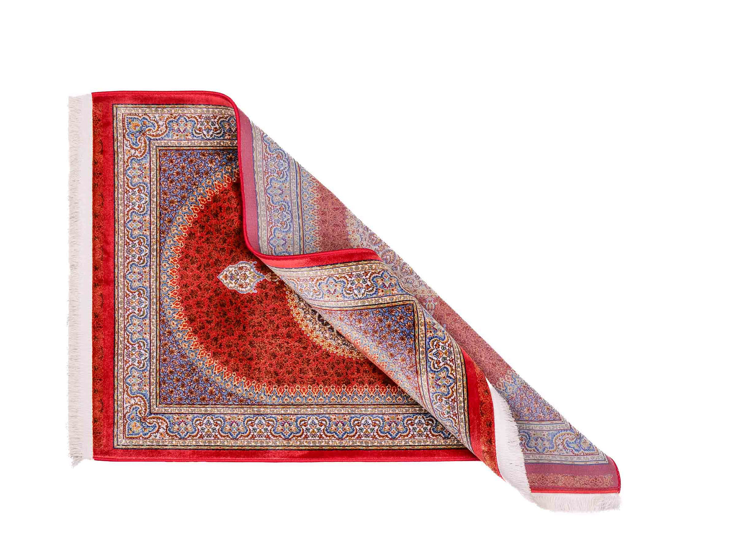 Ghom Maschinenteppich "Fereydun" 90 x 60 cm aus pflanzlicher Seide (Viskose) mit Medaillon, Orange. Teppichnummer: V28BU054M. Persian Luxury Collection by Khademi. Made in Iran / Persia – Vertrieb durch JUPITER Intl.