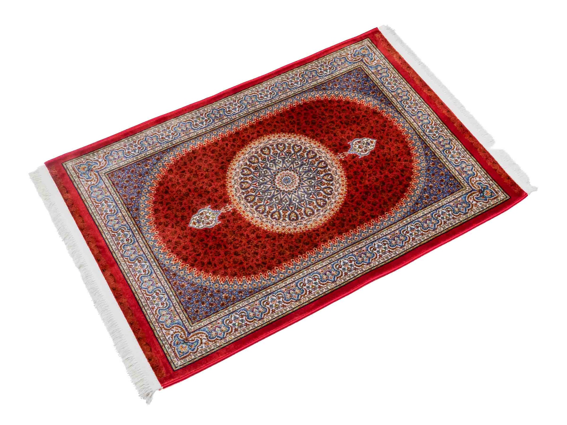 Ghom Maschinenteppich "Fereydun" 90 x 60 cm aus pflanzlicher Seide (Viskose) mit Medaillon, Orange. Teppichnummer: V28BU054M. Persian Luxury Collection by Khademi. Made in Iran / Persia – Vertrieb durch JUPITER Intl.