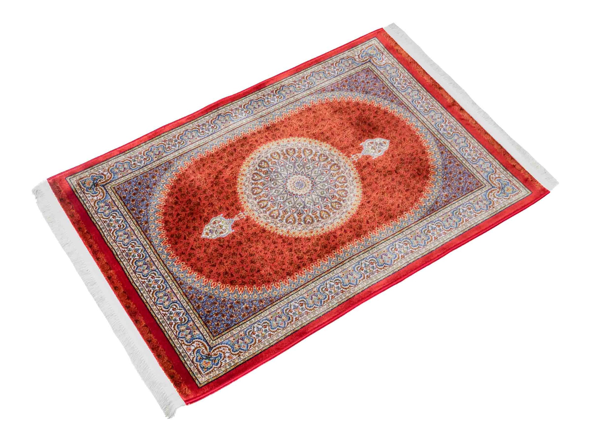 Ghom Maschinenteppich "Fereydun" 90 x 60 cm aus pflanzlicher Seide (Viskose) mit Medaillon, Orange. Teppichnummer: V28BU054M. Persian Luxury Collection by Khademi. Made in Iran / Persia – Vertrieb durch JUPITER Intl.