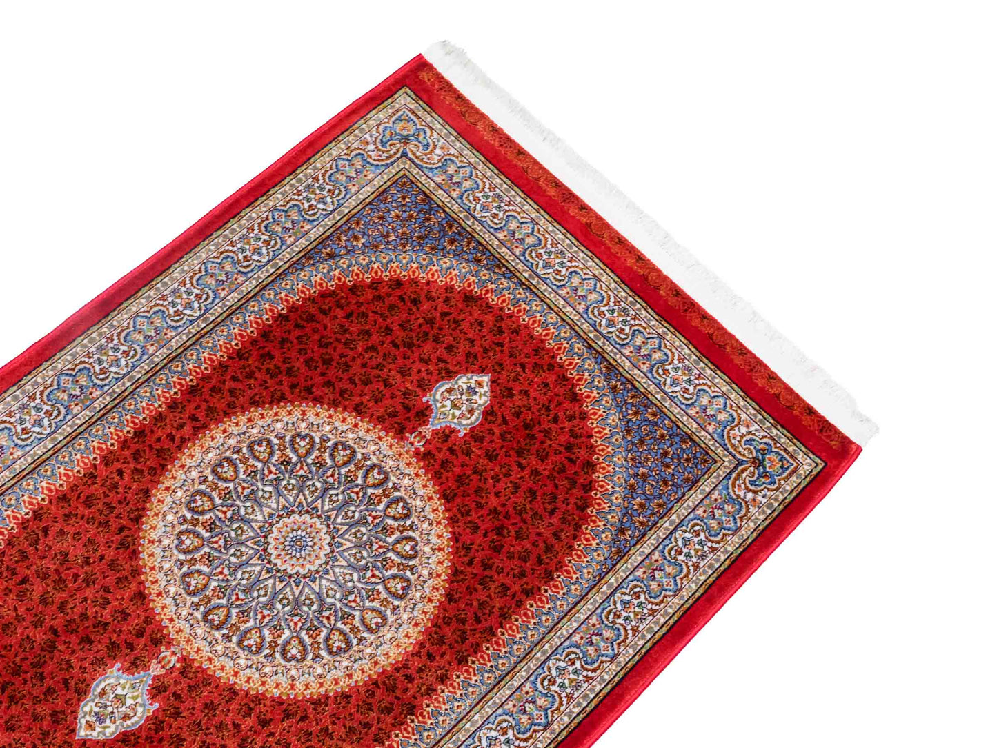 Ghom Maschinenteppich "Fereydun" 90 x 60 cm aus pflanzlicher Seide (Viskose) mit Medaillon, Orange. Teppichnummer: V28BU054M. Persian Luxury Collection by Khademi. Made in Iran / Persia – Vertrieb durch JUPITER Intl.