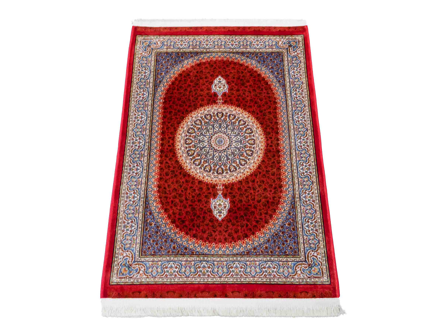 Ghom Maschinenteppich "Fereydun" 90 x 60 cm aus pflanzlicher Seide (Viskose) mit Medaillon, Orange. Teppichnummer: V28BU054M. Persian Luxury Collection by Khademi. Made in Iran / Persia – Vertrieb durch JUPITER Intl.
