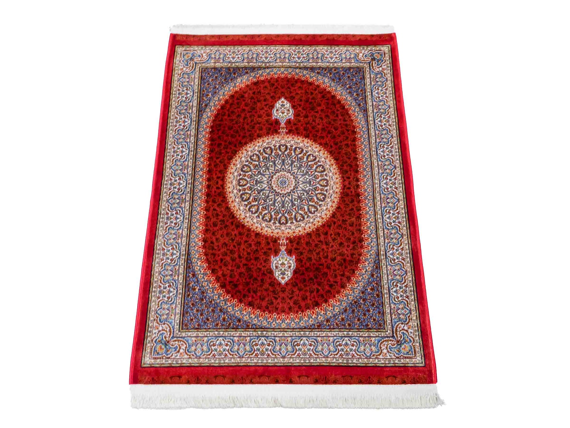 Ghom Maschinenteppich "Fereydun" 90 x 60 cm aus pflanzlicher Seide (Viskose) mit Medaillon, Orange. Teppichnummer: V28BU054M. Persian Luxury Collection by Khademi. Made in Iran / Persia – Vertrieb durch JUPITER Intl.