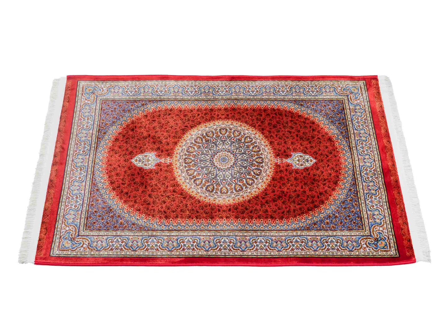 Ghom Maschinenteppich "Fereydun" 90 x 60 cm aus pflanzlicher Seide (Viskose) mit Medaillon, Orange. Teppichnummer: V28BU054M. Persian Luxury Collection by Khademi. Made in Iran / Persia – Vertrieb durch JUPITER Intl.