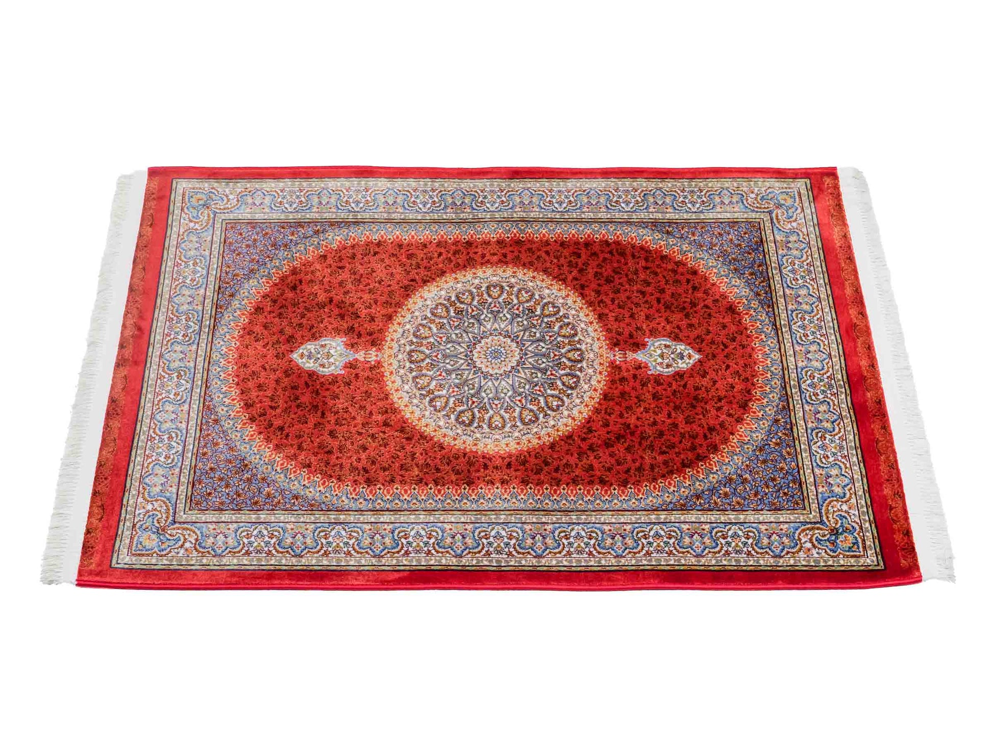Ghom Maschinenteppich "Fereydun" 90 x 60 cm aus pflanzlicher Seide (Viskose) mit Medaillon, Orange. Teppichnummer: V28BU054M. Persian Luxury Collection by Khademi. Made in Iran / Persia – Vertrieb durch JUPITER Intl.