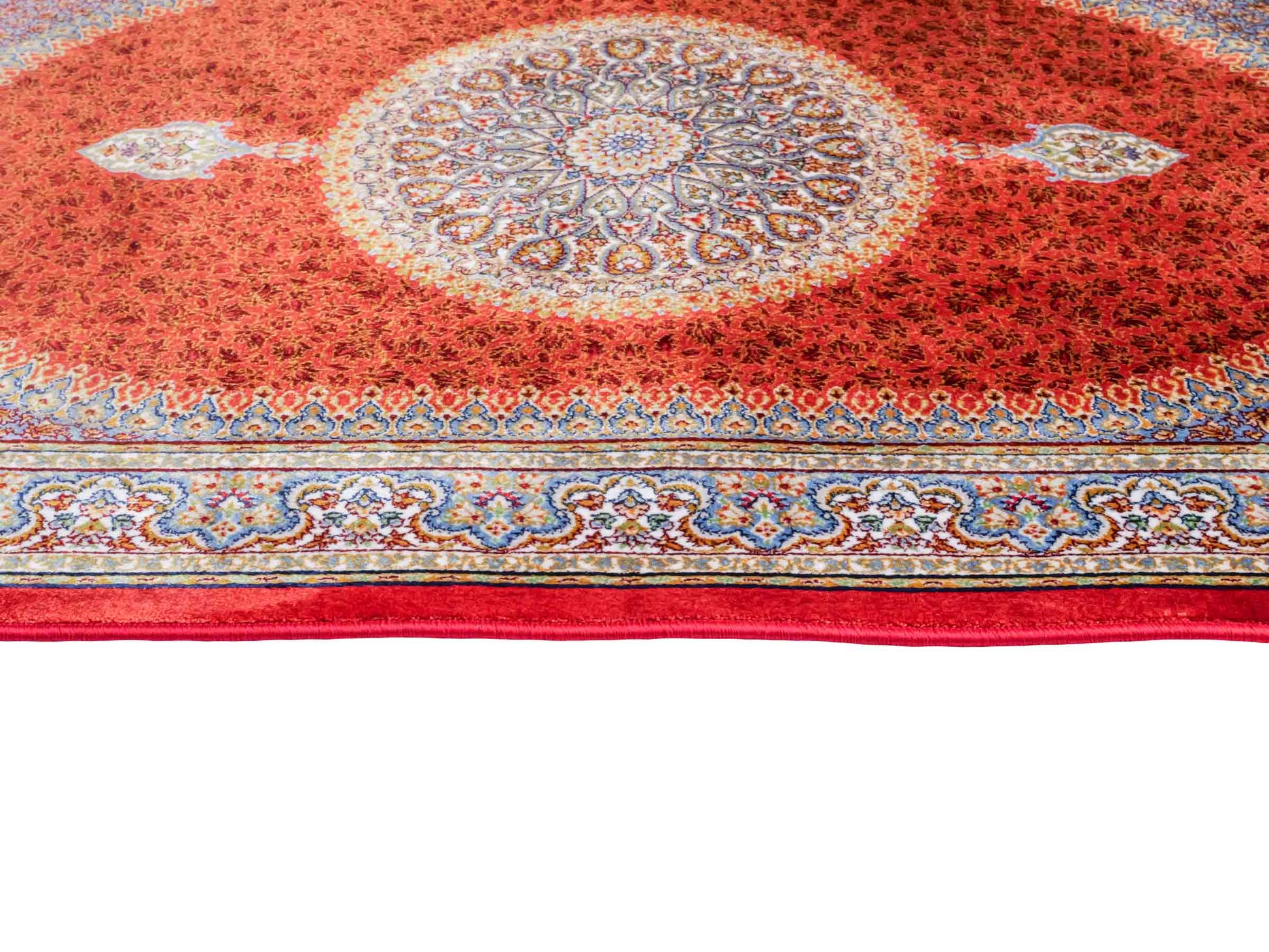 Ghom Maschinenteppich "Fereydun" 90 x 60 cm aus pflanzlicher Seide (Viskose) mit Medaillon, Orange. Teppichnummer: V28BU054M. Persian Luxury Collection by Khademi. Made in Iran / Persia – Vertrieb durch JUPITER Intl.