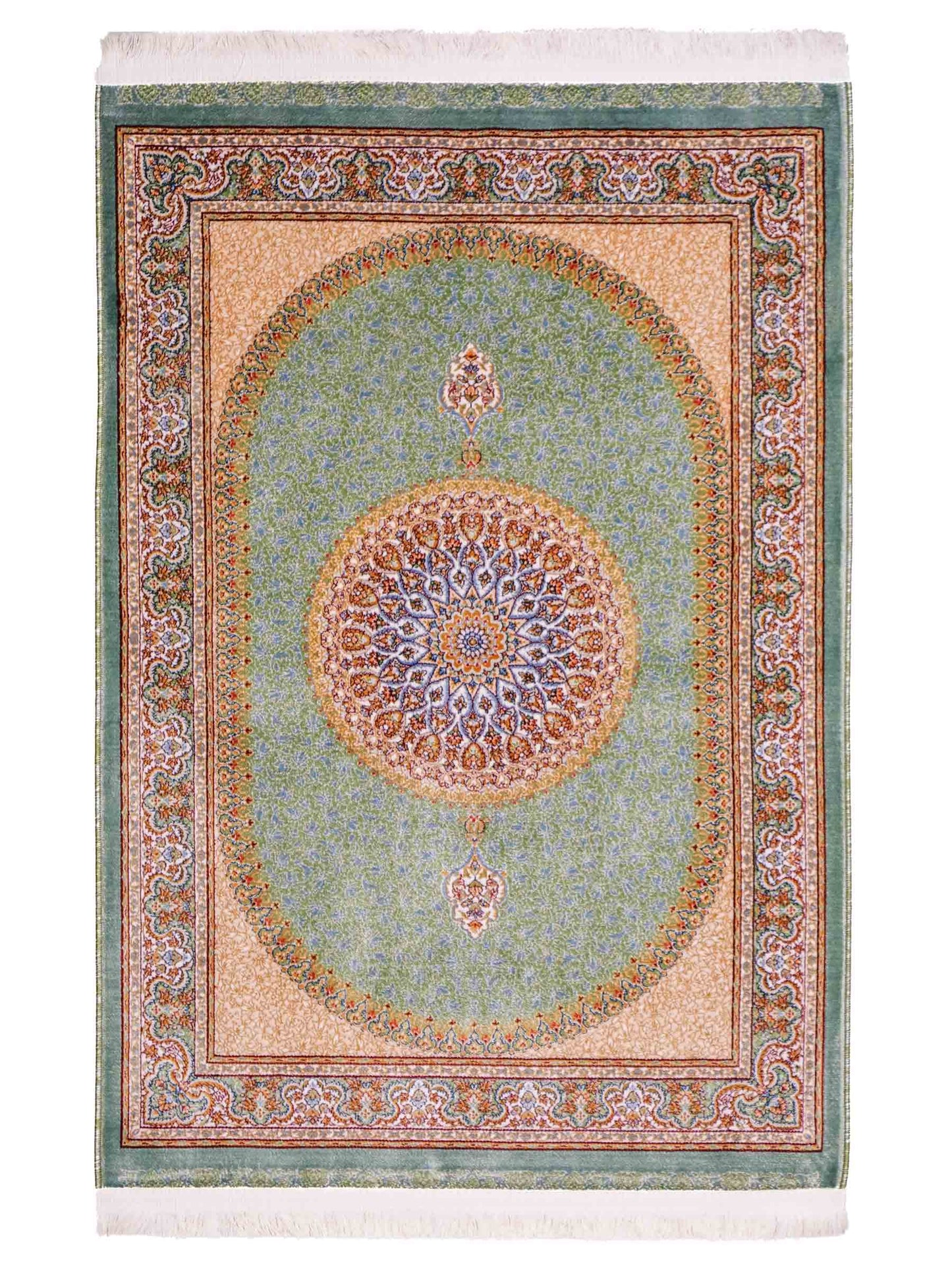 Ghom Maschinenteppich "Fereydun" 90 x 60 cm aus pflanzlicher Seide (Viskose) mit Medaillon, Türkis. Teppichnummer: V28TL054M. Persian Luxury Collection by Khademi. Made in Iran / Persia – Vertrieb durch JUPITER Intl.