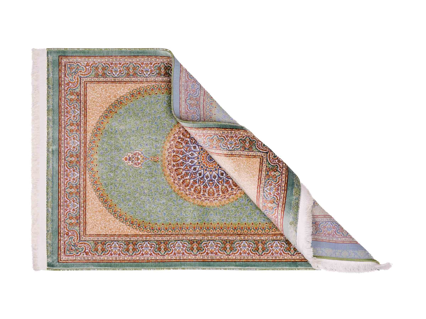 Ghom Maschinenteppich "Fereydun" 90 x 60 cm aus pflanzlicher Seide (Viskose) mit Medaillon, Türkis. Teppichnummer: V28TL054M. Persian Luxury Collection by Khademi. Made in Iran / Persia – Vertrieb durch JUPITER Intl.