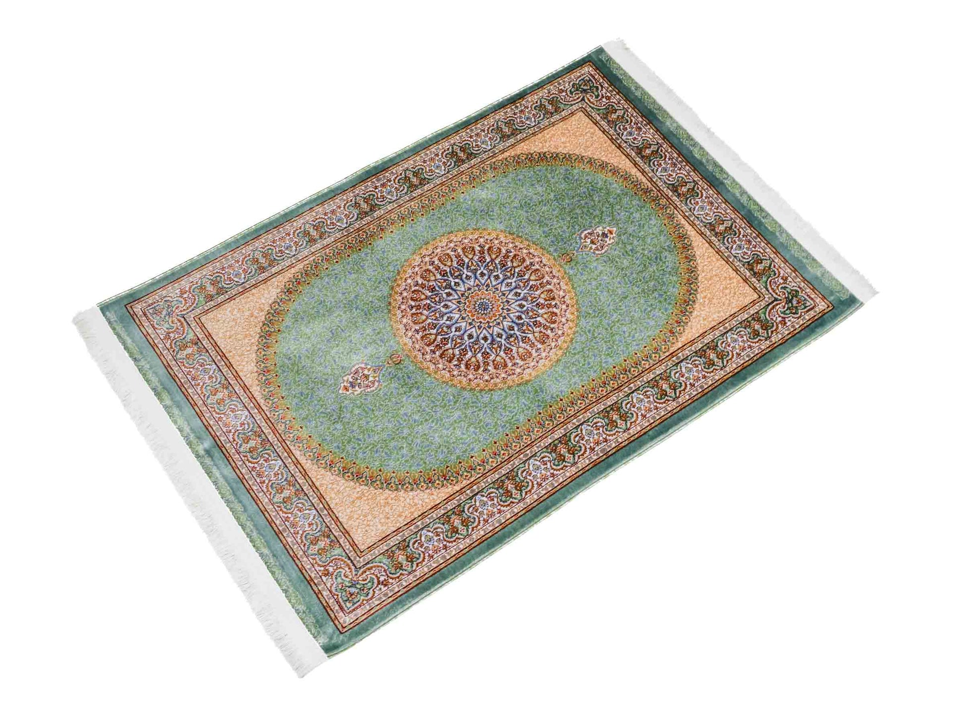 Ghom Maschinenteppich "Fereydun" 90 x 60 cm aus pflanzlicher Seide (Viskose) mit Medaillon, Türkis. Teppichnummer: V28TL054M. Persian Luxury Collection by Khademi. Made in Iran / Persia – Vertrieb durch JUPITER Intl.