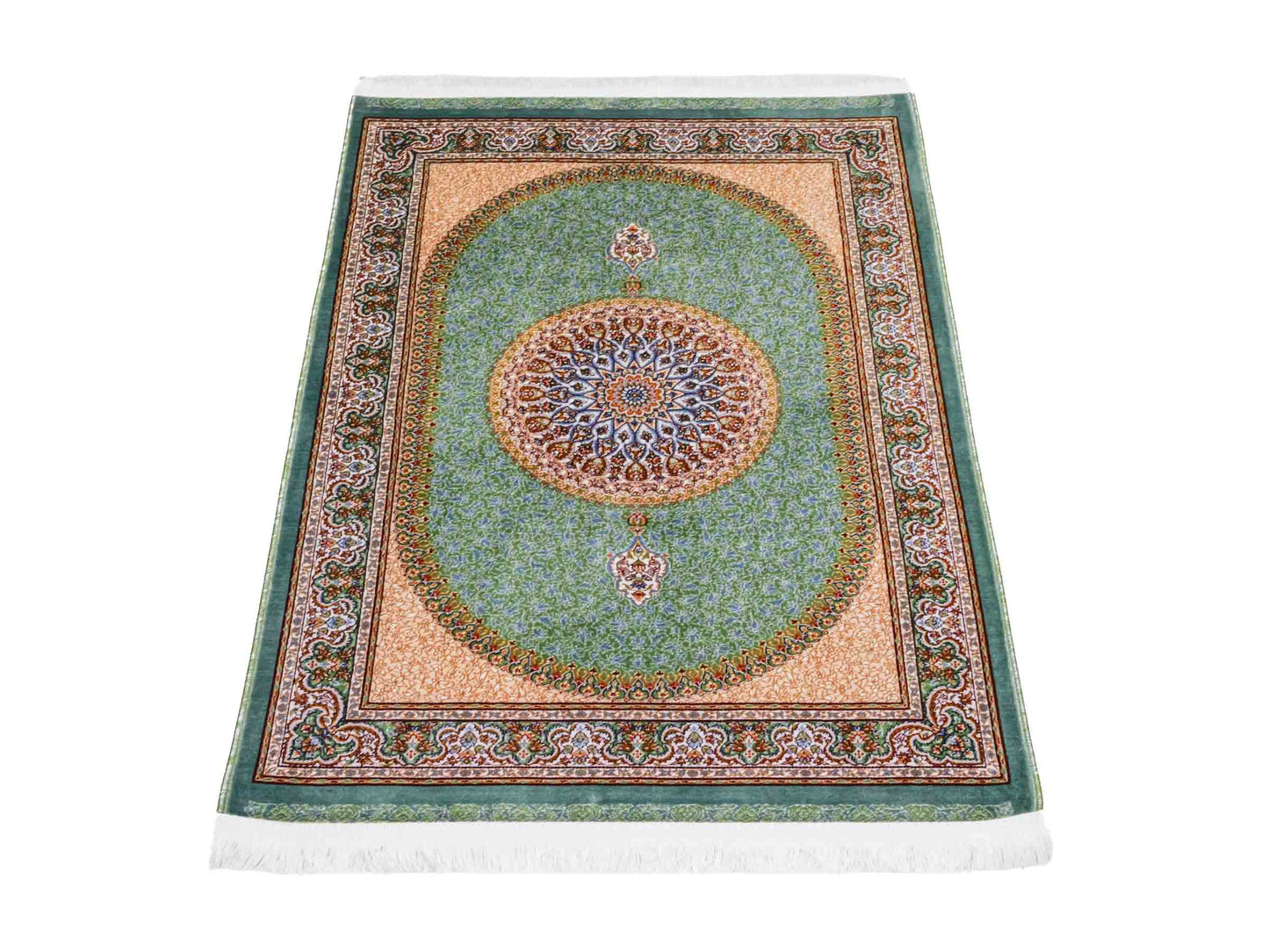 Ghom Maschinenteppich "Fereydun" 90 x 60 cm aus pflanzlicher Seide (Viskose) mit Medaillon, Türkis. Teppichnummer: V28TL054M. Persian Luxury Collection by Khademi. Made in Iran / Persia – Vertrieb durch JUPITER Intl.