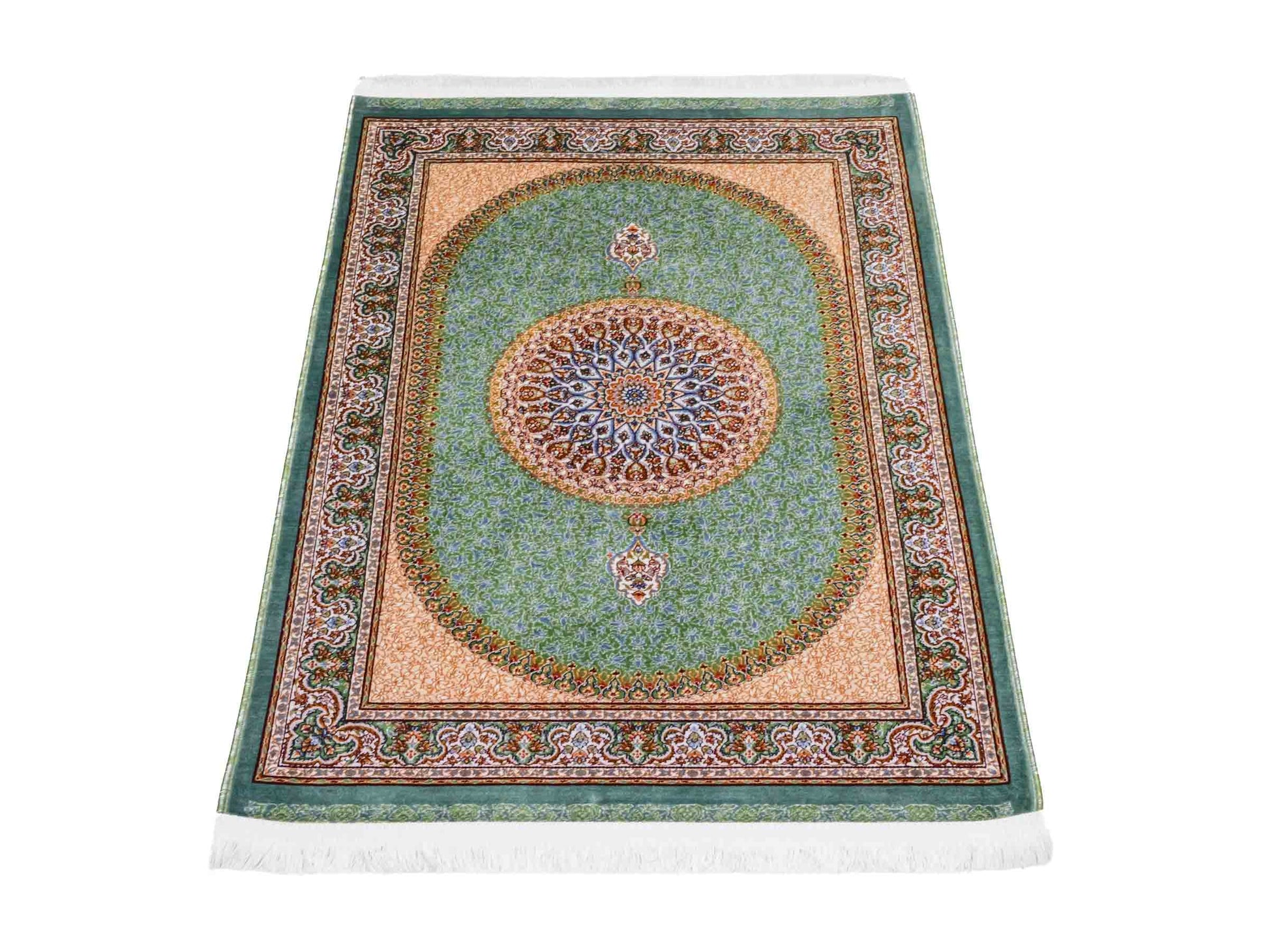 Ghom Maschinenteppich "Fereydun" 90 x 60 cm aus pflanzlicher Seide (Viskose) mit Medaillon, Türkis. Teppichnummer: V28TL054M. Persian Luxury Collection by Khademi. Made in Iran / Persia – Vertrieb durch JUPITER Intl.