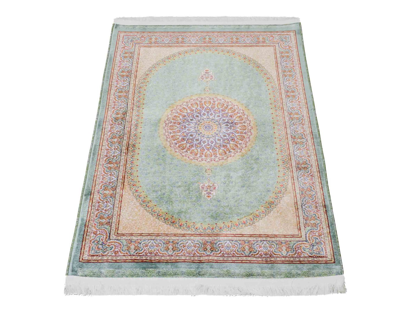 Ghom Maschinenteppich "Fereydun" 90 x 60 cm aus pflanzlicher Seide (Viskose) mit Medaillon, Türkis. Teppichnummer: V28TL054M. Persian Luxury Collection by Khademi. Made in Iran / Persia – Vertrieb durch JUPITER Intl.