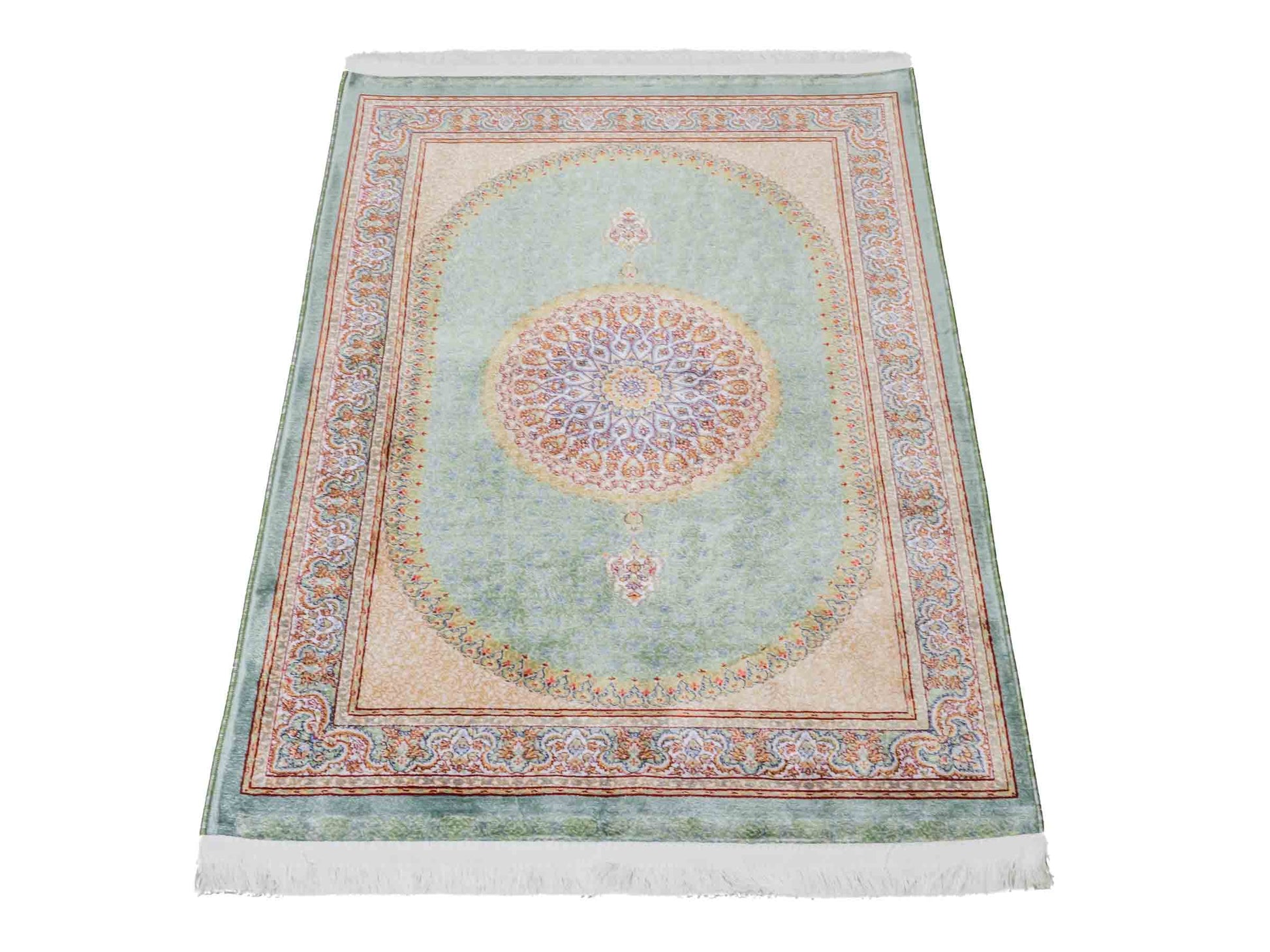 Ghom Maschinenteppich "Fereydun" 90 x 60 cm aus pflanzlicher Seide (Viskose) mit Medaillon, Türkis. Teppichnummer: V28TL054M. Persian Luxury Collection by Khademi. Made in Iran / Persia – Vertrieb durch JUPITER Intl.
