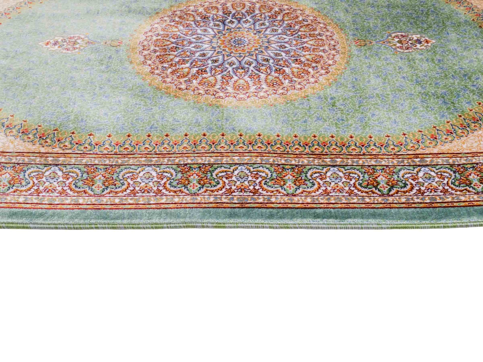 Ghom Maschinenteppich "Fereydun" 90 x 60 cm aus pflanzlicher Seide (Viskose) mit Medaillon, Türkis. Teppichnummer: V28TL054M. Persian Luxury Collection by Khademi. Made in Iran / Persia – Vertrieb durch JUPITER Intl.