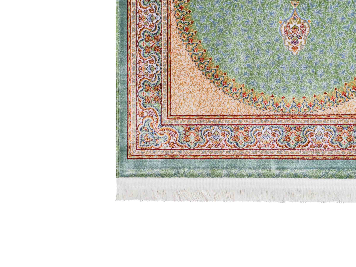 Ghom Maschinenteppich "Fereydun" 90 x 60 cm aus pflanzlicher Seide (Viskose) mit Medaillon, Türkis. Teppichnummer: V28TL054M. Persian Luxury Collection by Khademi. Made in Iran / Persia – Vertrieb durch JUPITER Intl.