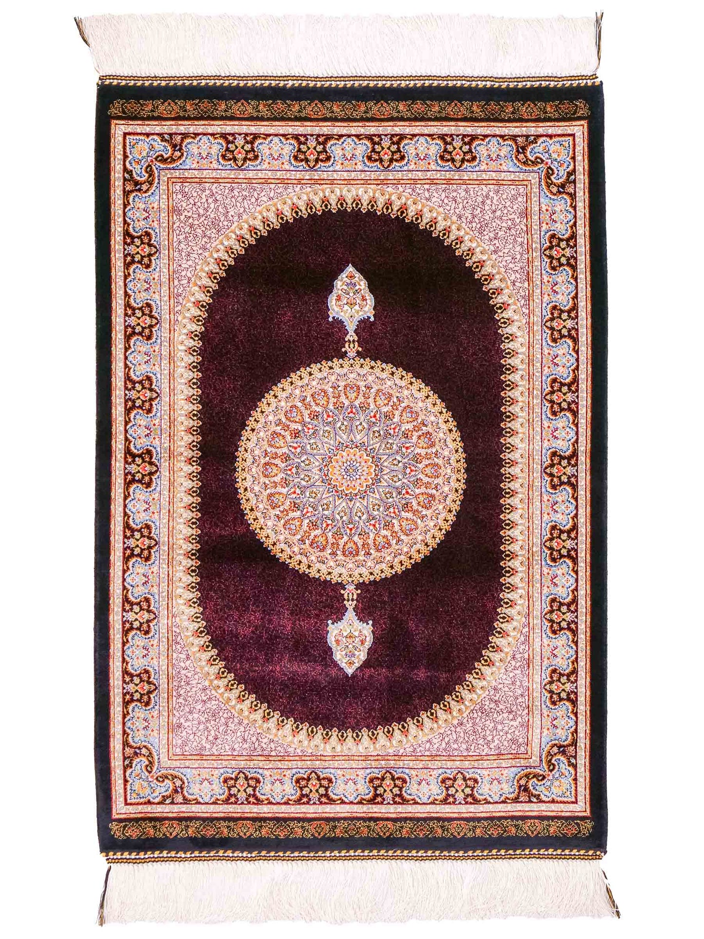 Ghom Maschinenteppich "Firuz" 90 x 60 cm aus pflanzlicher Seide (Viskose) mit Medaillon, Schwarz. Teppichnummer: V31BK054H. Persian Luxury Collection by Khademi. Made in Iran / Persia – Vertrieb durch JUPITER Intl.