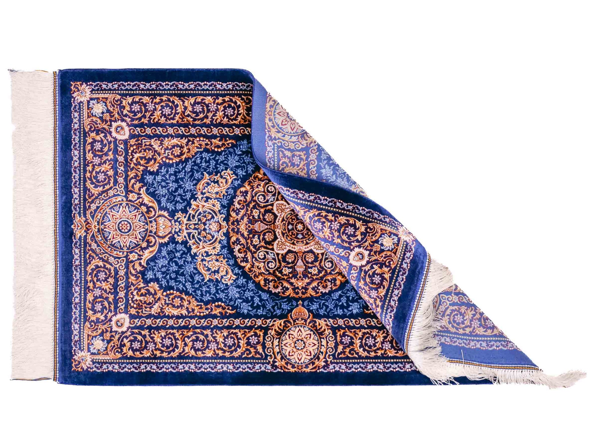 Ghom Maschinenteppich "Firuzan" 90 x 60 cm aus pflanzlicher Seide (Viskose) mit Medaillon, Navy-Blau. Teppichnummer: V36NY054H. Persian Luxury Collection by Khademi. Made in Iran / Persia – Vertrieb durch JUPITER Intl.