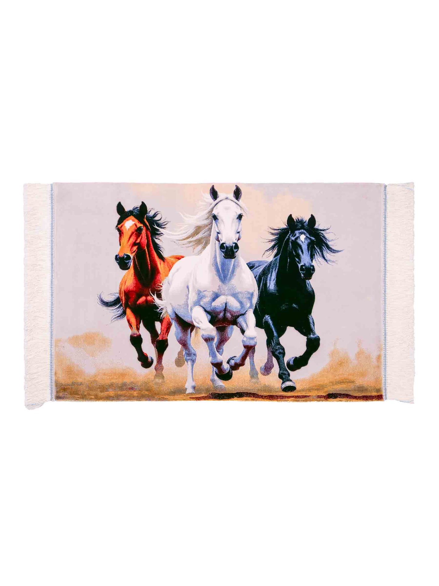 Ghom Maschinenteppich "Galoppierende Pferde" 90 x 60 cm aus pflanzlicher Seide (Viskose). Wandteppich mit Bildmotiv, Mehrfarbig. Teppichnummer: V35MC054H. Persian Luxury Collection by Khademi. Made in Iran / Persia – Vertrieb durch JUPITER Intl.