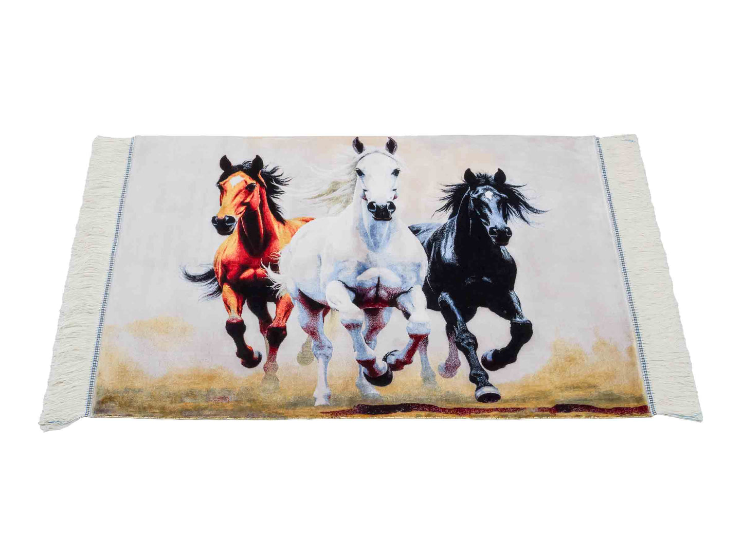 Ghom Maschinenteppich "Galoppierende Pferde" 90 x 60 cm aus pflanzlicher Seide (Viskose). Wandteppich mit Bildmotiv, Mehrfarbig. Teppichnummer: V35MC054H. Persian Luxury Collection by Khademi. Made in Iran / Persia – Vertrieb durch JUPITER Intl.