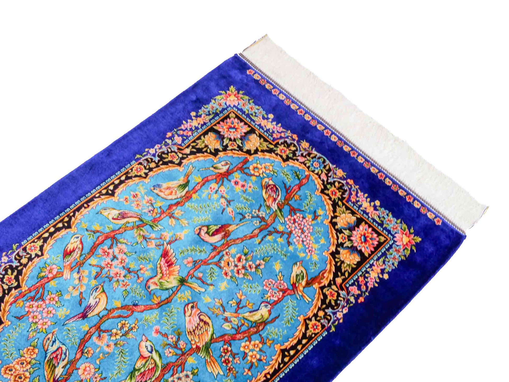 Ghom Maschinenteppich "Garsivaz" 90 x 60 cm aus pflanzlicher Seide (Viskose) mit Bildmotiv, Marineblau, Blau. Teppichnummer: V51TB054H Persian Luxury Collection by Khademi. Made in Iran / Persia – Vertrieb durch JUPITER Intl.
