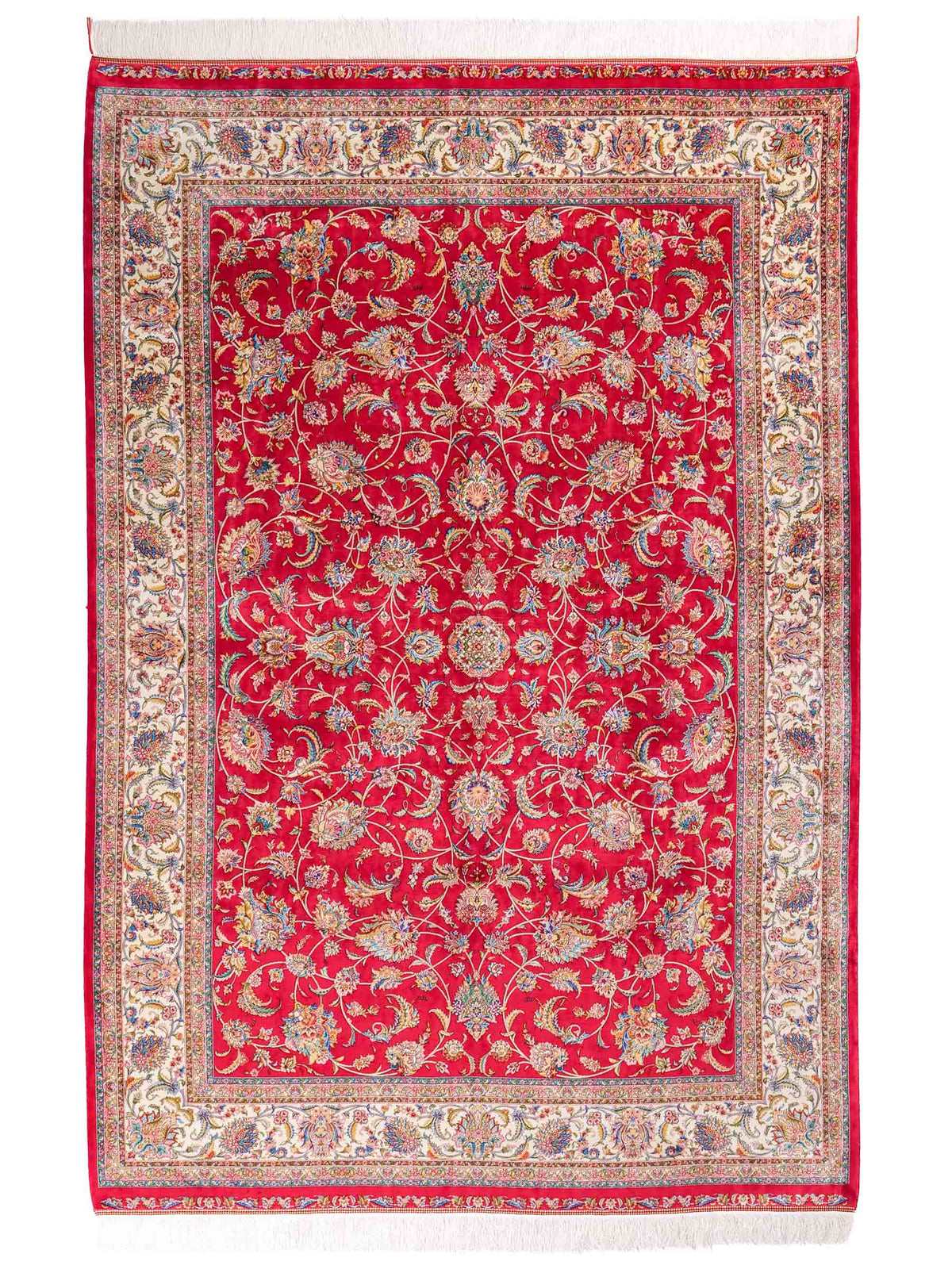 Ghom Maschinenteppich "Gordafarid" 225 x 150 cm, durchgemustert, aus pflanzlicher Seide (Viskose), Rot-Cremeweiß. Teppichnummer: V41RD338H. Persian Luxury Collection by Khademi. Made in Iran / Persia – Vertrieb durch JUPITER Intl.