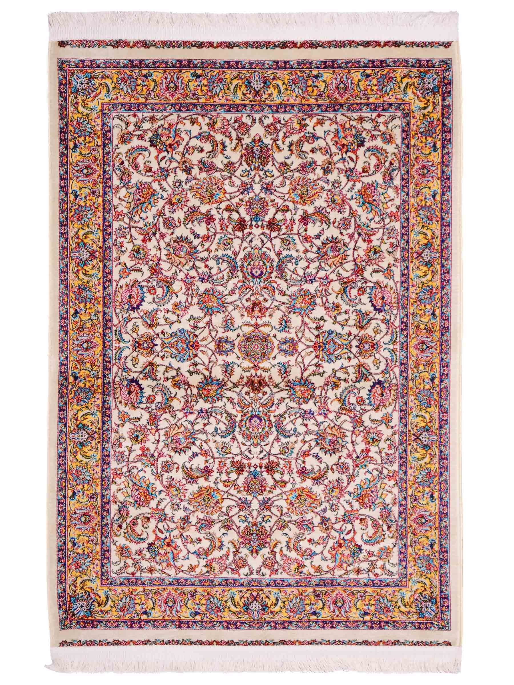 Ghom Maschinenteppich "Gordafarid" 90 x 60 cm aus pflanzlicher Seide (Viskose), Allover-Design, Cremeweiß, Beige. Teppichnummer: V41CR054M. Persian Luxury Collection by Khademi. Made in Iran / Persia – Vertrieb durch JUPITER Intl.