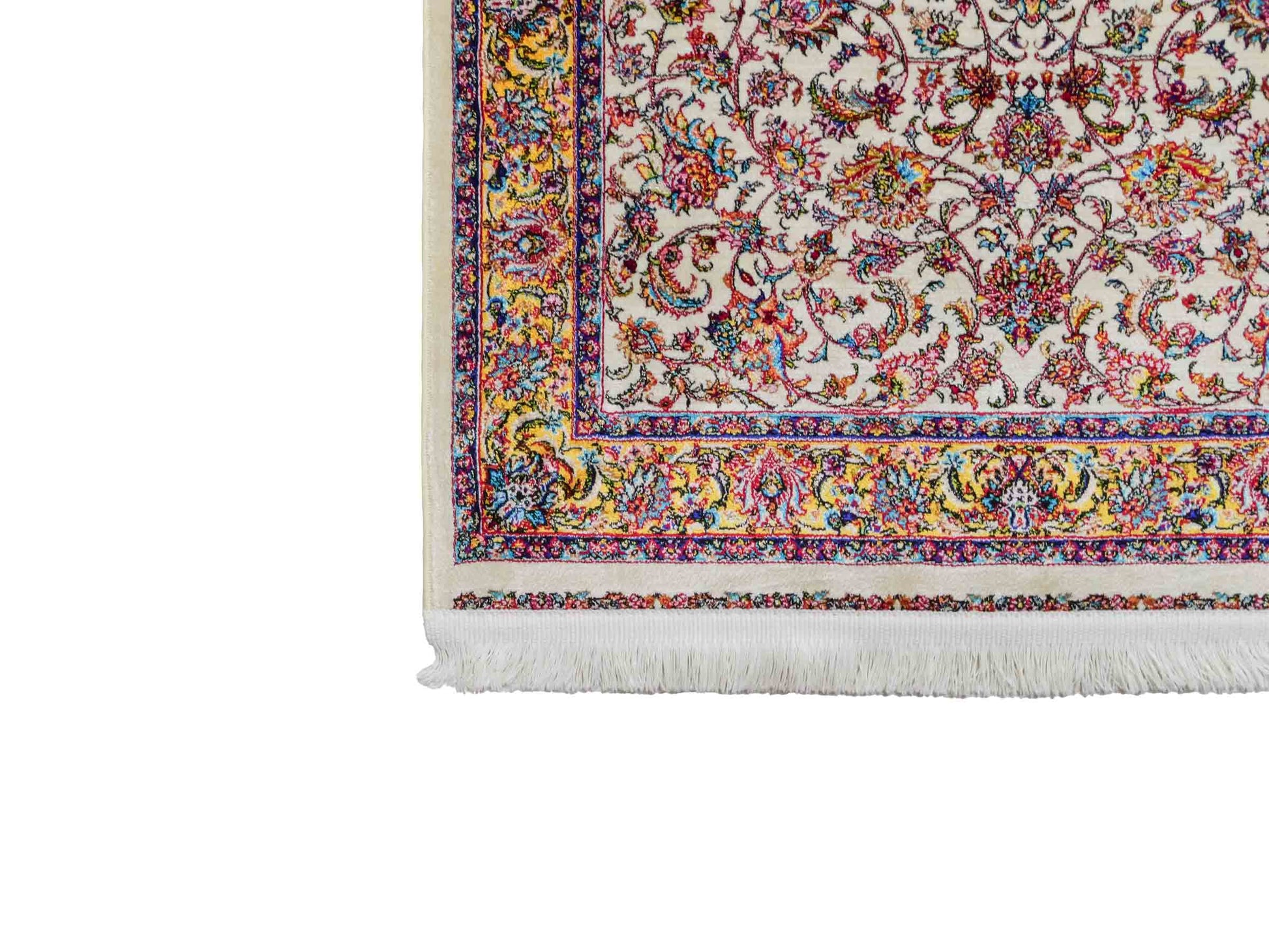 Ghom Maschinenteppich "Gordafarid" 90 x 60 cm aus pflanzlicher Seide (Viskose), Allover-Design, Cremeweiß, Beige. Teppichnummer: V41CR054M. Persian Luxury Collection by Khademi. Made in Iran / Persia – Vertrieb durch JUPITER Intl.
