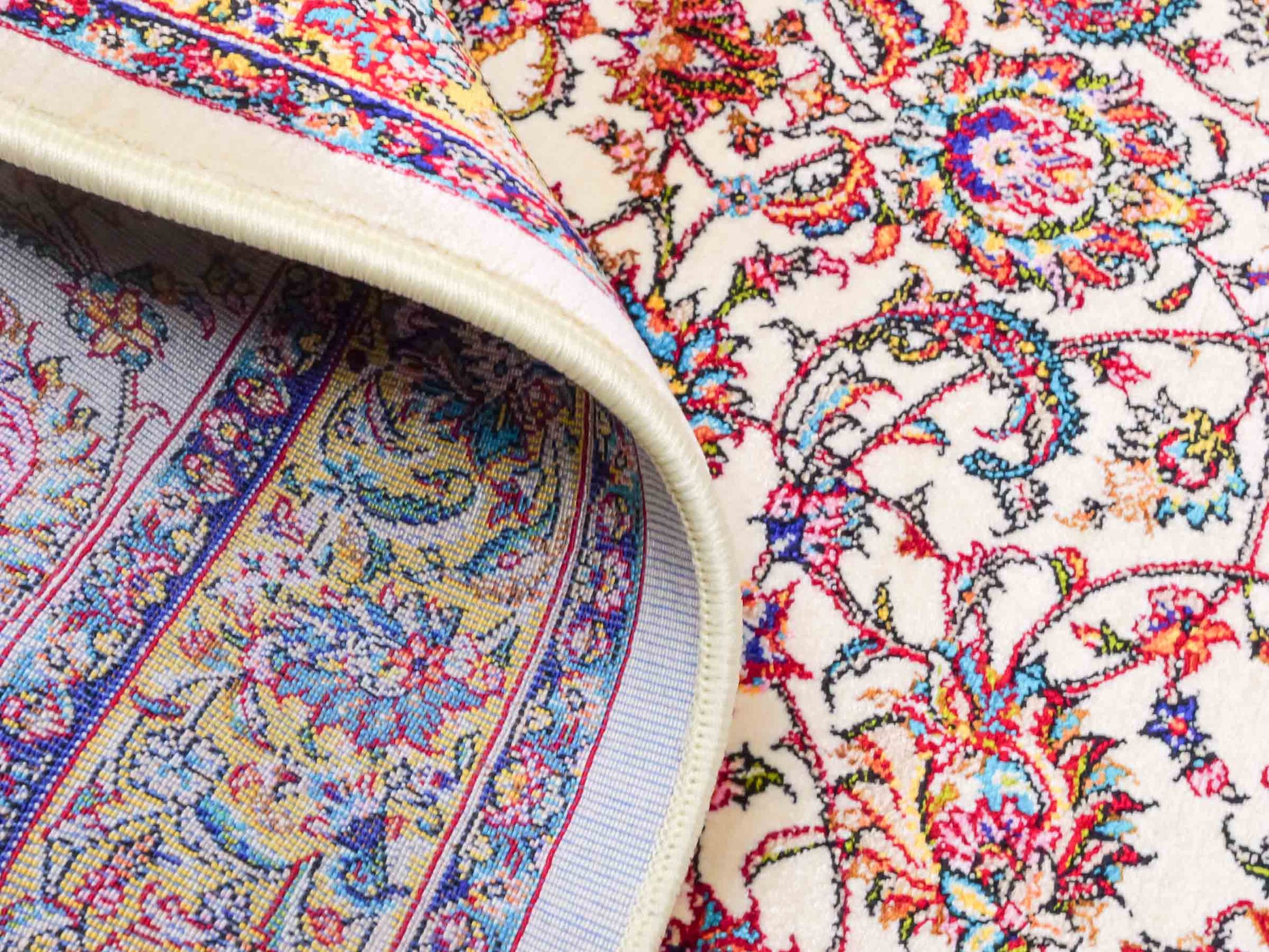 Ghom Maschinenteppich "Gordafarid" 90 x 60 cm aus pflanzlicher Seide (Viskose), Allover-Design, Cremeweiß, Beige. Teppichnummer: V41CR054M. Persian Luxury Collection by Khademi. Made in Iran / Persia – Vertrieb durch JUPITER Intl.
