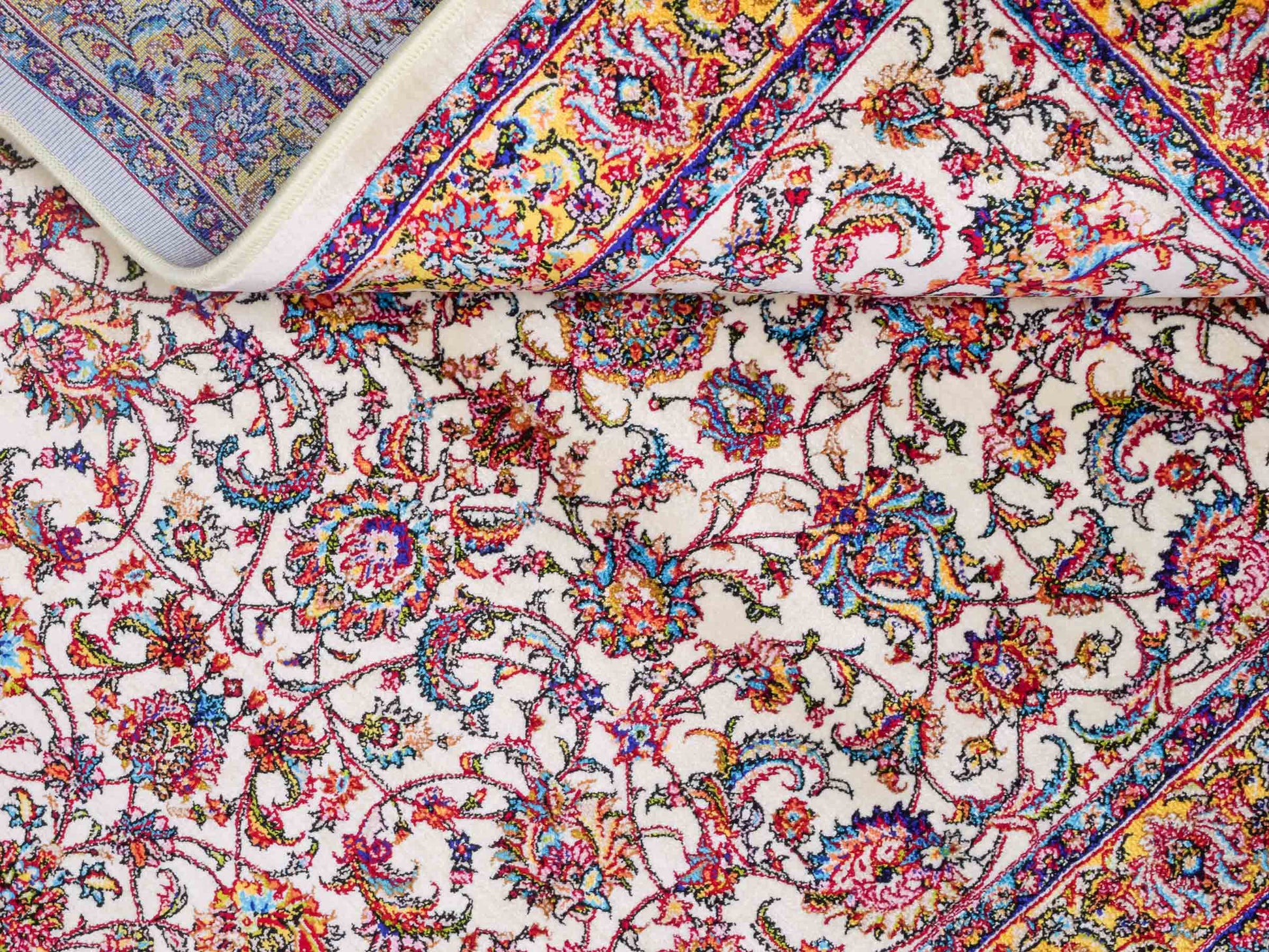 Ghom Maschinenteppich "Gordafarid" 90 x 60 cm aus pflanzlicher Seide (Viskose), Allover-Design, Cremeweiß, Beige. Teppichnummer: V41CR054M. Persian Luxury Collection by Khademi. Made in Iran / Persia – Vertrieb durch JUPITER Intl.