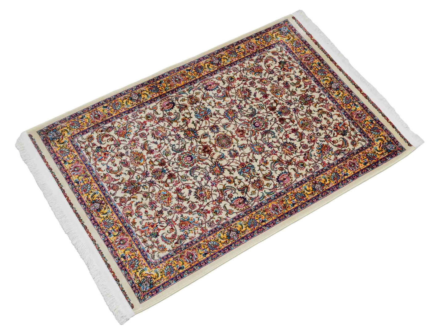 Ghom Maschinenteppich "Gordafarid" 90 x 60 cm aus pflanzlicher Seide (Viskose), Allover-Design, Cremeweiß, Beige. Teppichnummer: V41CR054M. Persian Luxury Collection by Khademi. Made in Iran / Persia – Vertrieb durch JUPITER Intl.