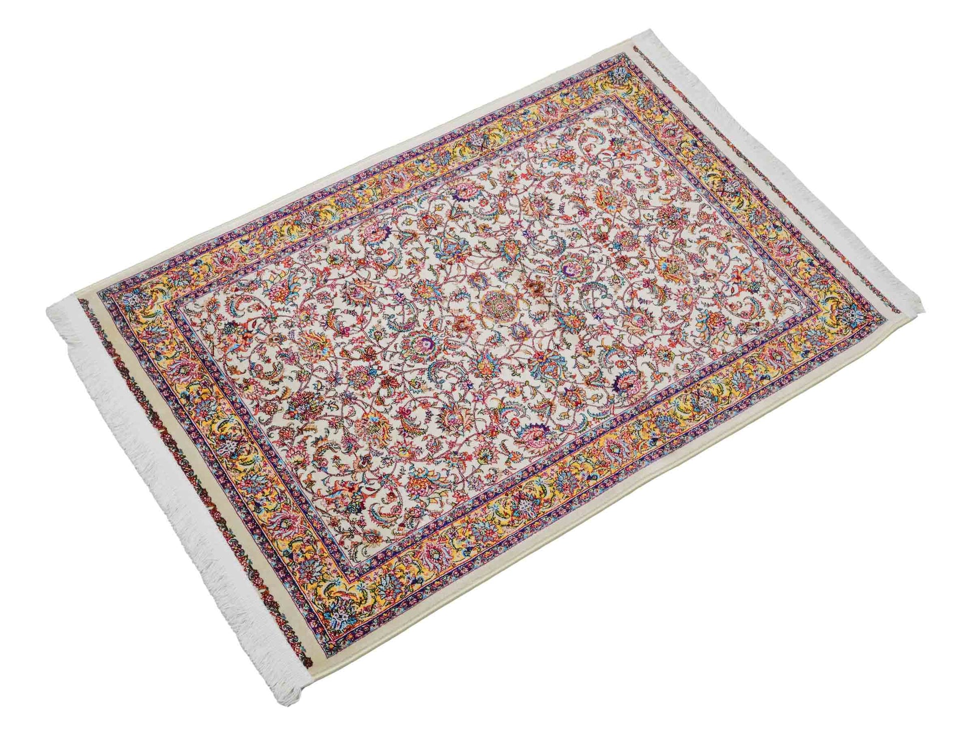 Ghom Maschinenteppich "Gordafarid" 90 x 60 cm aus pflanzlicher Seide (Viskose), Allover-Design, Cremeweiß, Beige. Teppichnummer: V41CR054M. Persian Luxury Collection by Khademi. Made in Iran / Persia – Vertrieb durch JUPITER Intl.