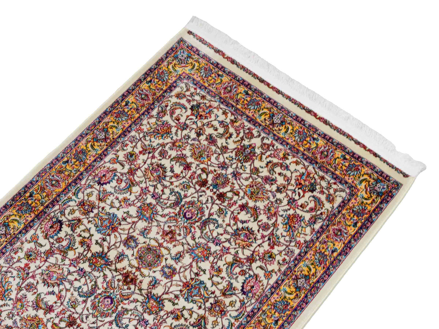 Ghom Maschinenteppich "Gordafarid" 90 x 60 cm aus pflanzlicher Seide (Viskose), Allover-Design, Cremeweiß, Beige. Teppichnummer: V41CR054M. Persian Luxury Collection by Khademi. Made in Iran / Persia – Vertrieb durch JUPITER Intl.