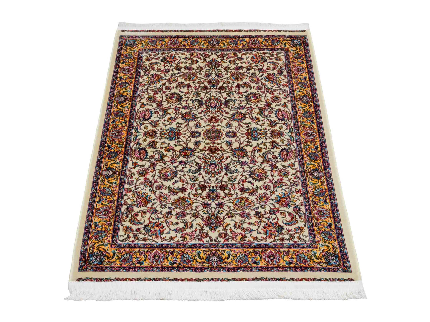 Ghom Maschinenteppich "Gordafarid" 90 x 60 cm aus pflanzlicher Seide (Viskose), Allover-Design, Cremeweiß, Beige. Teppichnummer: V41CR054M. Persian Luxury Collection by Khademi. Made in Iran / Persia – Vertrieb durch JUPITER Intl.