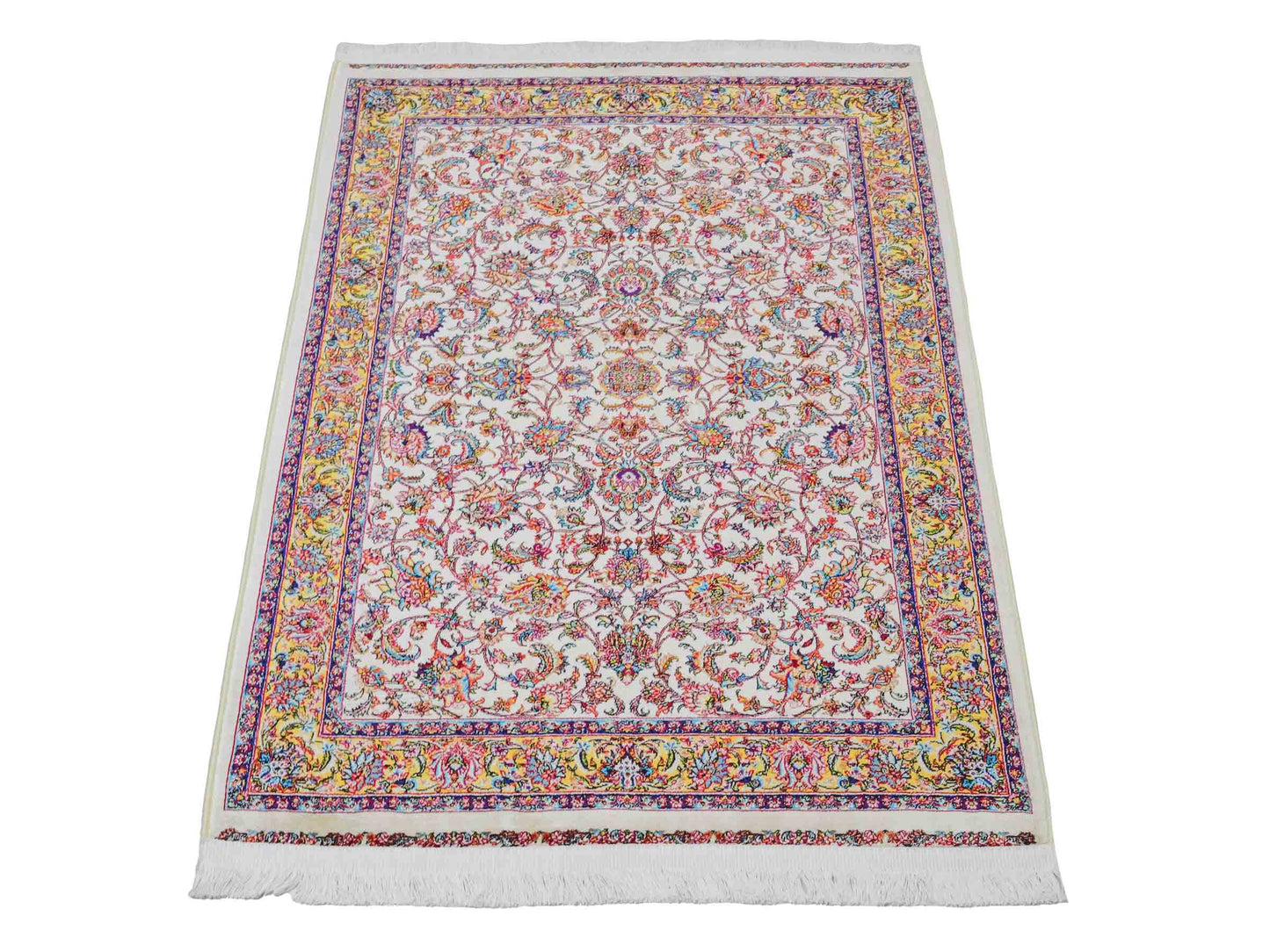 Ghom Maschinenteppich "Gordafarid" 90 x 60 cm aus pflanzlicher Seide (Viskose), Allover-Design, Cremeweiß, Beige. Teppichnummer: V41CR054M. Persian Luxury Collection by Khademi. Made in Iran / Persia – Vertrieb durch JUPITER Intl.