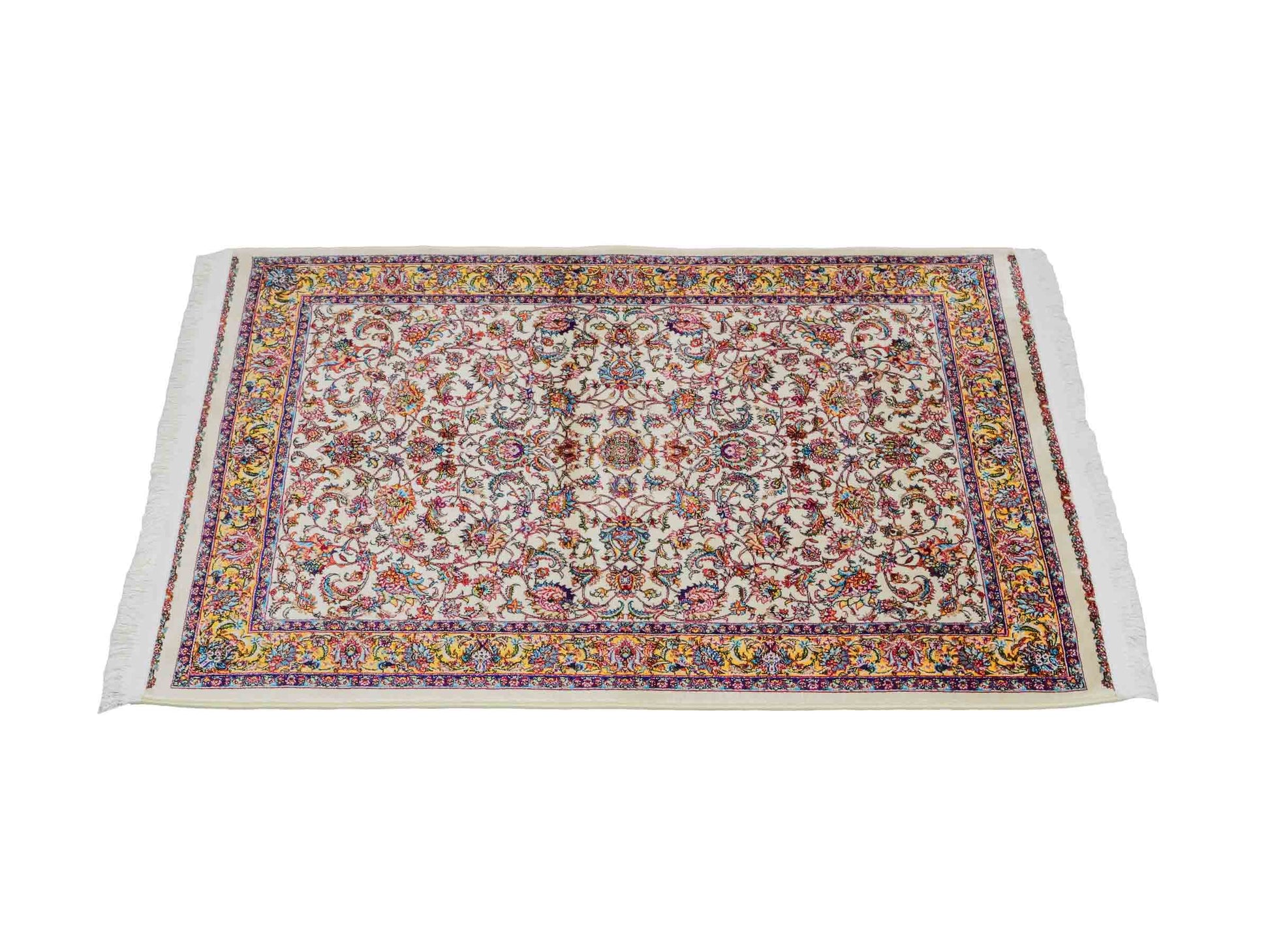 Ghom Maschinenteppich "Gordafarid" 90 x 60 cm aus pflanzlicher Seide (Viskose), Allover-Design, Cremeweiß, Beige. Teppichnummer: V41CR054M. Persian Luxury Collection by Khademi. Made in Iran / Persia – Vertrieb durch JUPITER Intl.