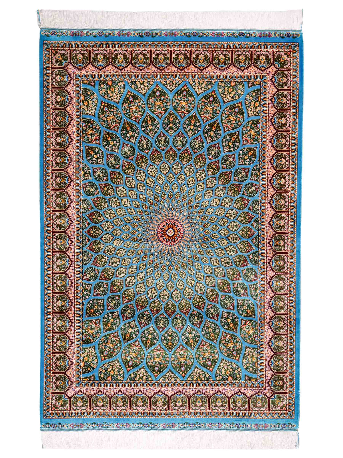 Ghom Maschinenteppich "Goshasp" 150 x 100 cm, mit Medaillon, aus pflanzlicher Seide (Viskose), Blau-Grün. Teppichnummer: V40TQ150H. Persian Luxury Collection by Khademi. Made in Iran / Persia – Vertrieb durch JUPITER Intl.