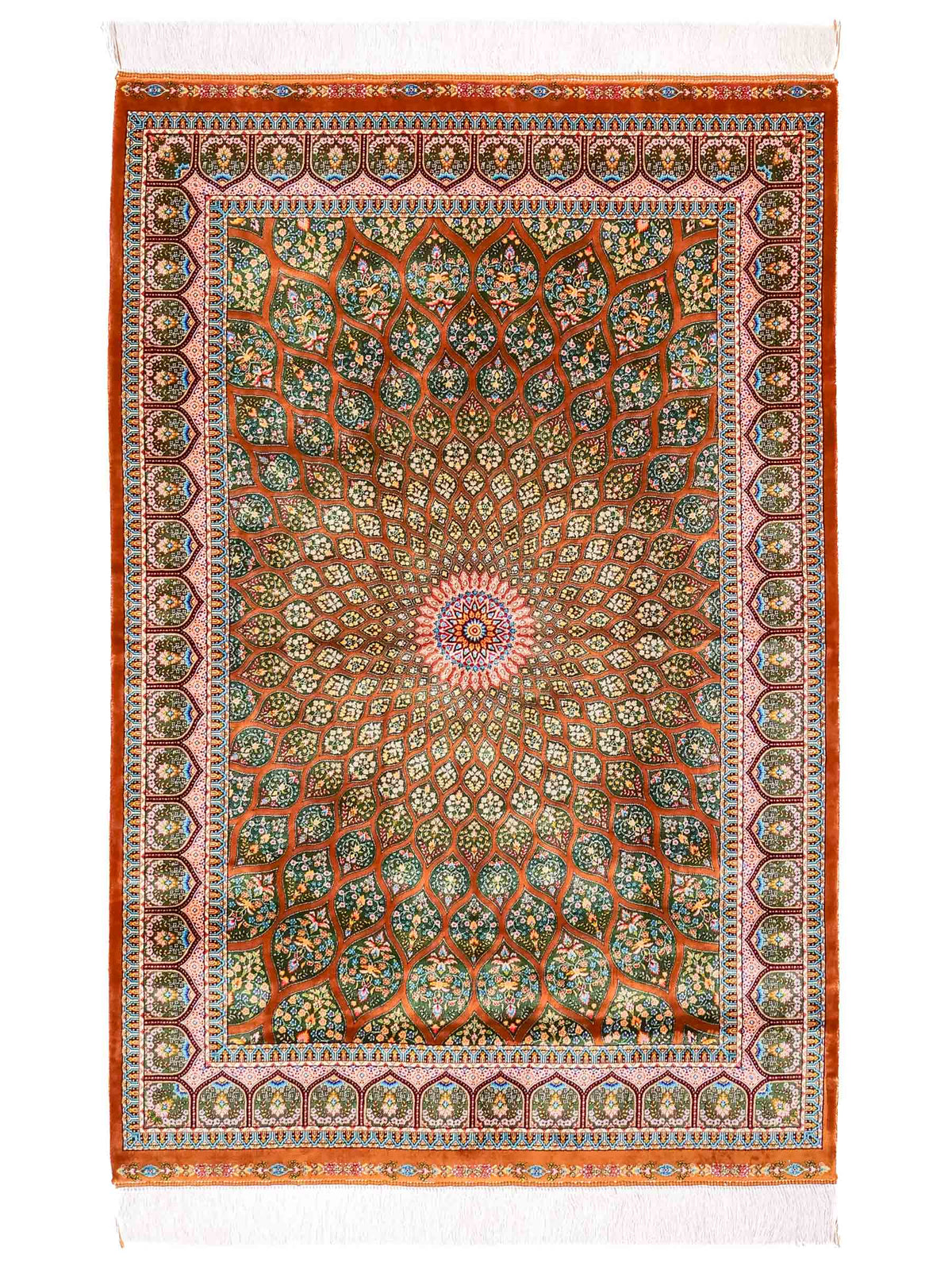 Ghom Maschinenteppich "Goshasp" 150 x 100 cm, mit Medaillon, aus pflanzlicher Seide (Viskose), Braun-Grün. Teppichnummer: V40WN150H. Persian Luxury Collection by Khademi. Made in Iran / Persia – Vertrieb durch JUPITER Intl.
