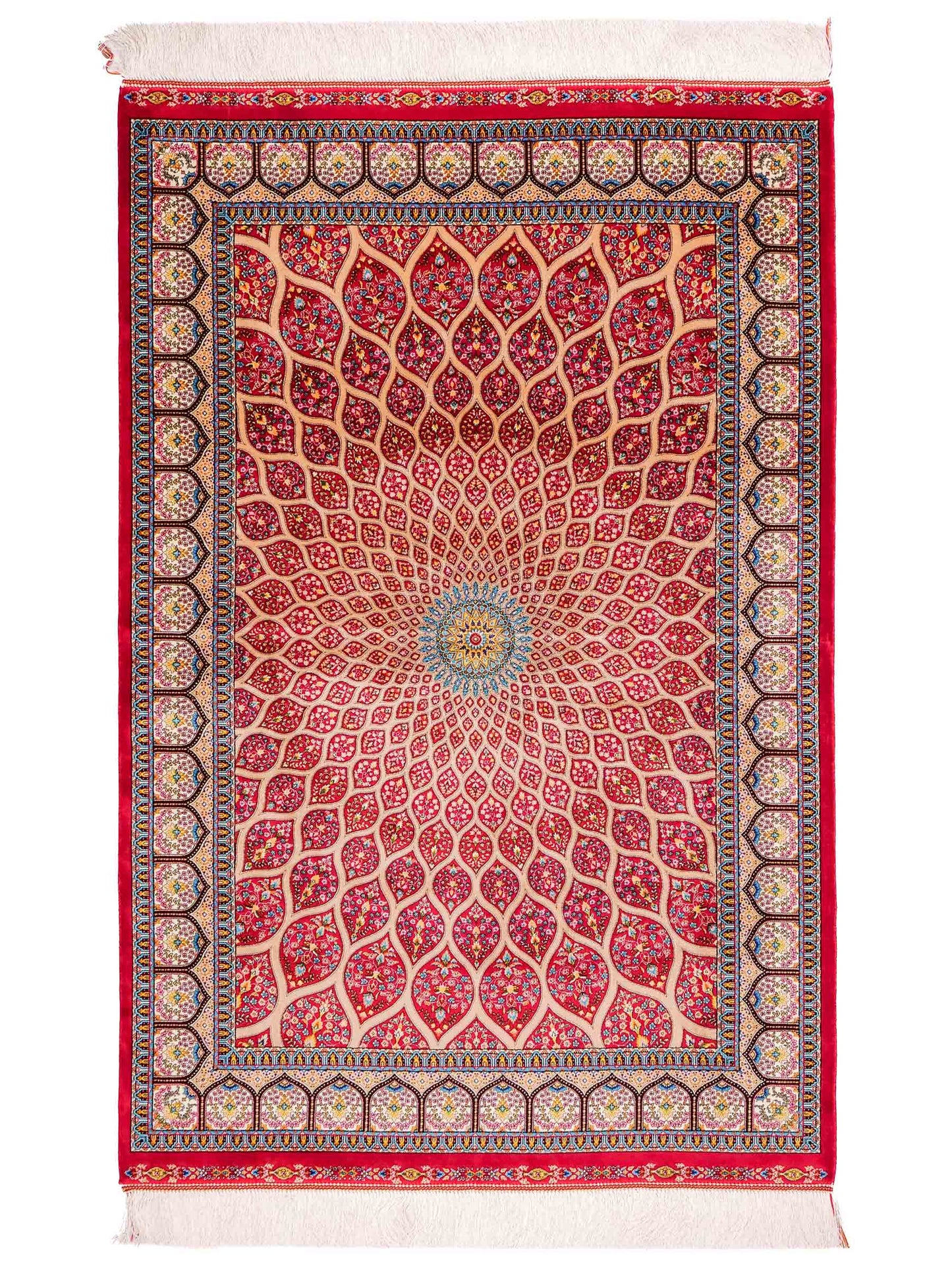 Ghom Maschinenteppich "Goshasp" 150 x 100 cm aus pflanzlicher Seide (Viskose) mit Gumbad-Medaillon, Rot. Teppichnummer: V40RD150H. Persian Luxury Collection by Khademi. Made in Iran / Persia – Vertrieb durch JUPITER Intl.