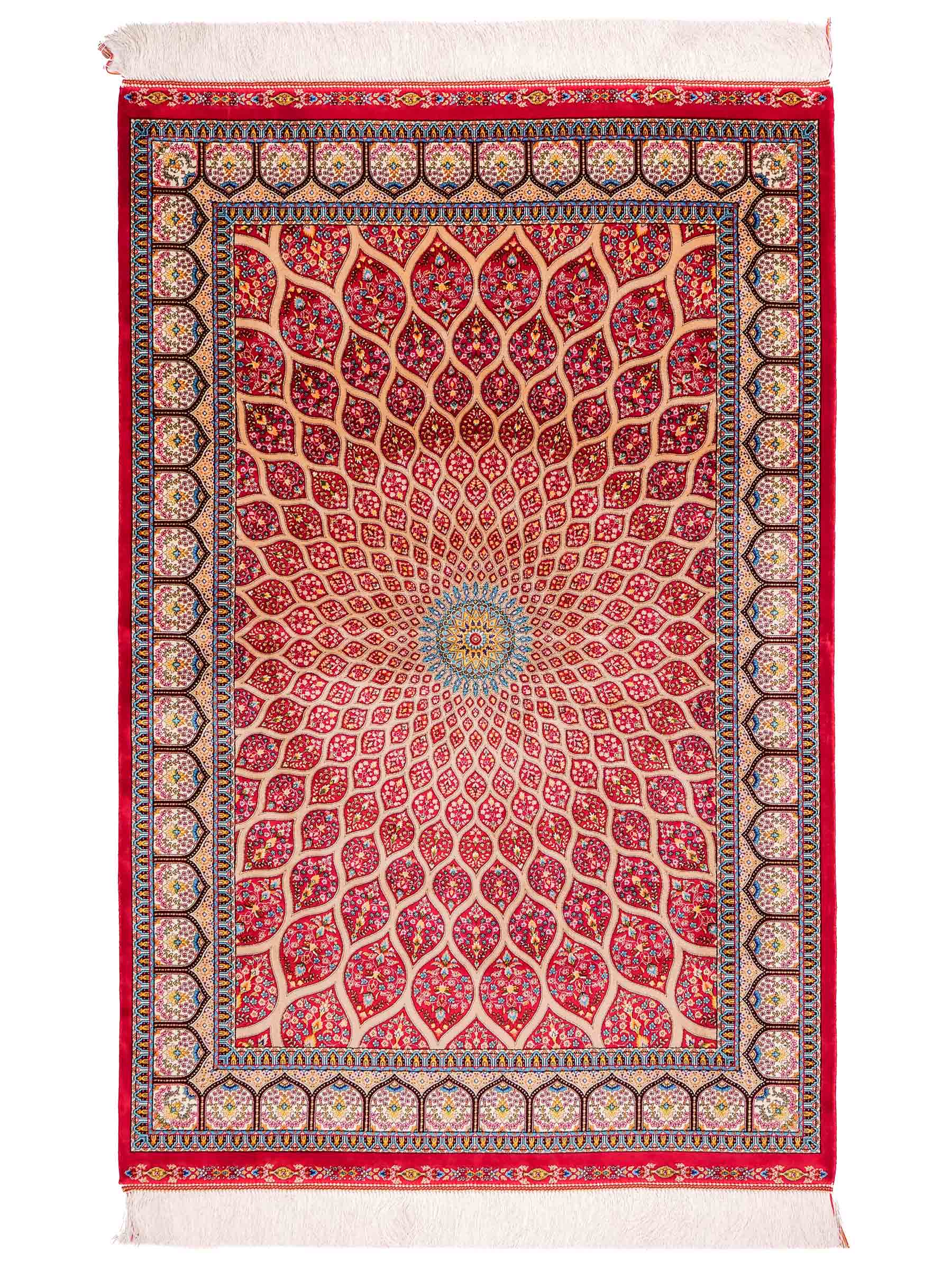 Ghom Maschinenteppich "Goshasp" 150 x 100 cm aus pflanzlicher Seide (Viskose) mit Gumbad-Medaillon, Rot. Teppichnummer: V40RD150H. Persian Luxury Collection by Khademi. Made in Iran / Persia – Vertrieb durch JUPITER Intl.