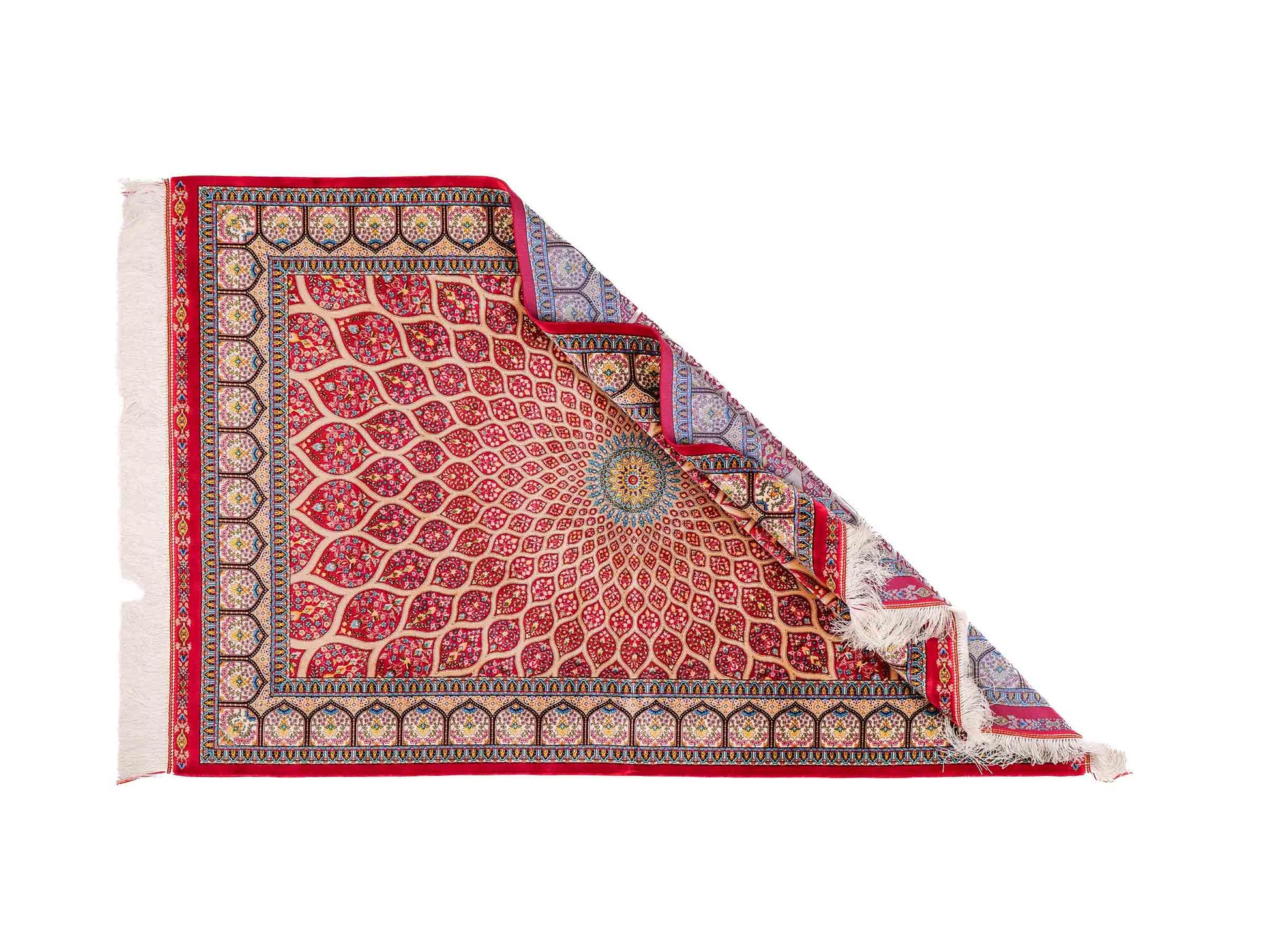 Ghom Maschinenteppich "Goshasp" 150 x 100 cm aus pflanzlicher Seide (Viskose) mit Gumbad-Medaillon, Rot. Teppichnummer: V40RD150H. Persian Luxury Collection by Khademi. Made in Iran / Persia – Vertrieb durch JUPITER Intl.