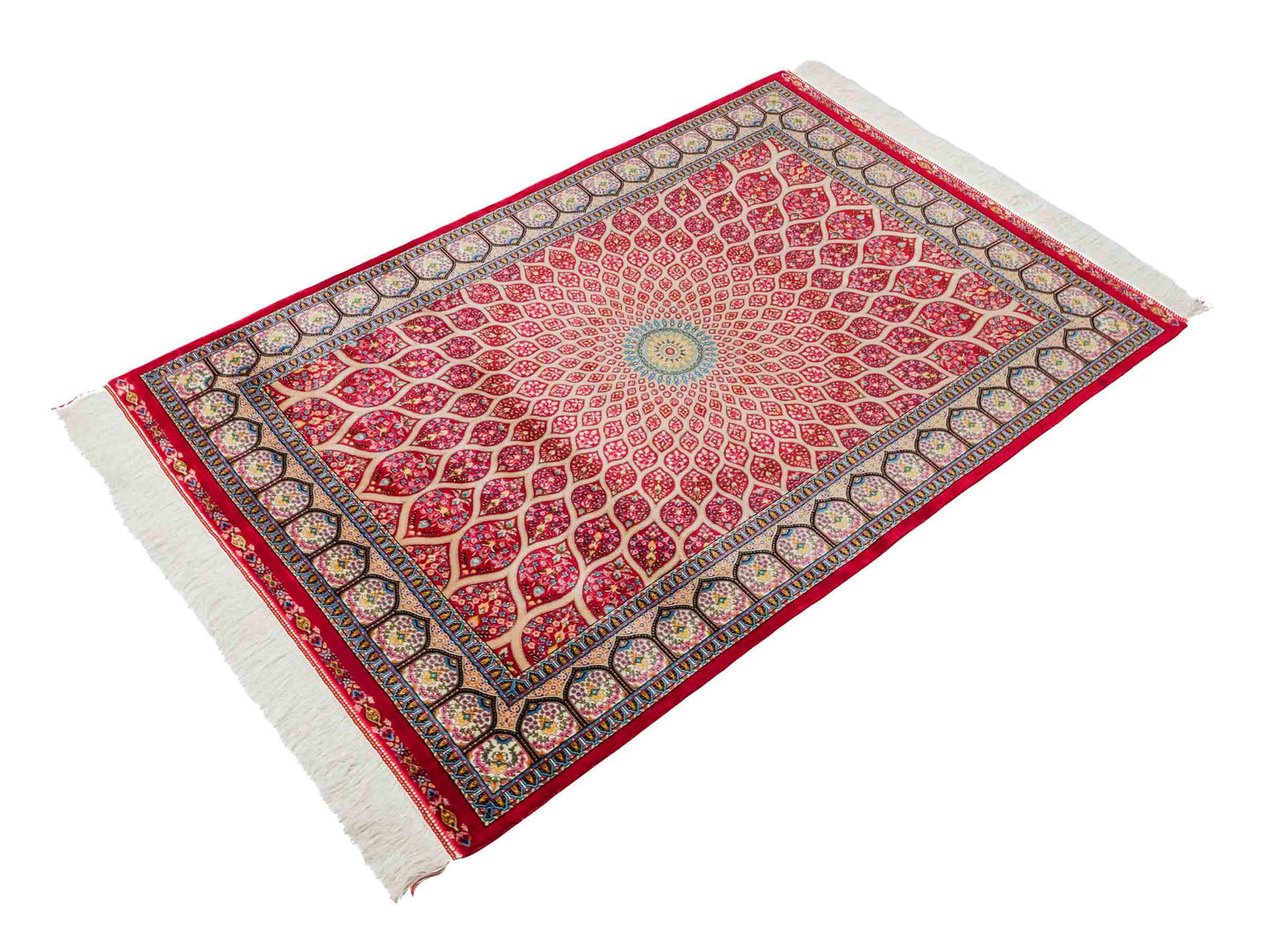 Ghom Maschinenteppich "Goshasp" 150 x 100 cm aus pflanzlicher Seide (Viskose) mit Gumbad-Medaillon, Rot. Teppichnummer: V40RD150H. Persian Luxury Collection by Khademi. Made in Iran / Persia – Vertrieb durch JUPITER Intl.