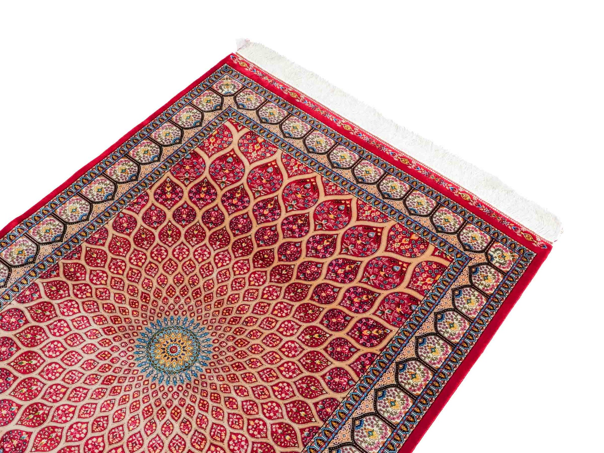 Ghom Maschinenteppich "Goshasp" 150 x 100 cm aus pflanzlicher Seide (Viskose) mit Gumbad-Medaillon, Rot. Teppichnummer: V40RD150H. Persian Luxury Collection by Khademi. Made in Iran / Persia – Vertrieb durch JUPITER Intl.