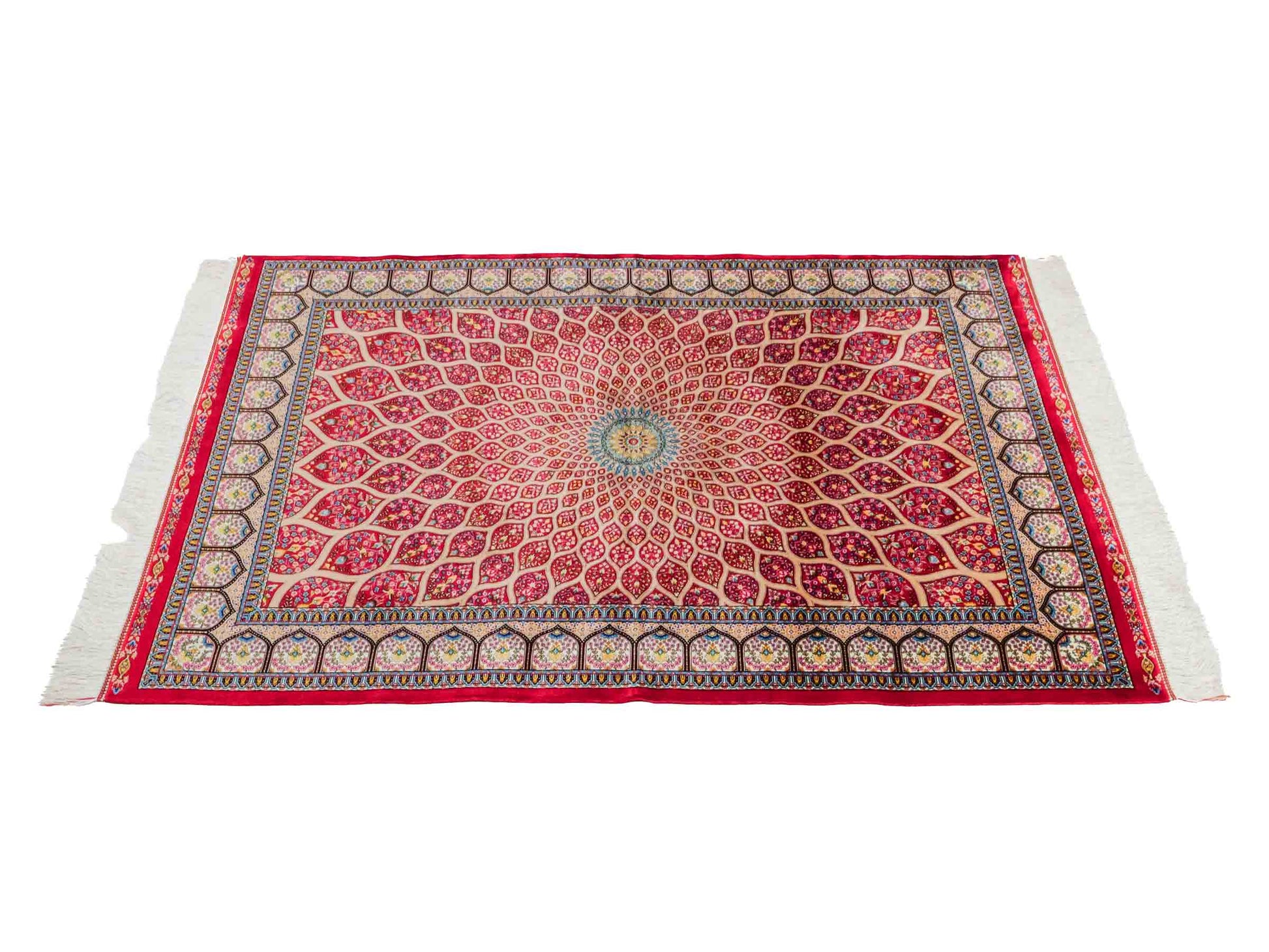 Ghom Maschinenteppich "Goshasp" 150 x 100 cm aus pflanzlicher Seide (Viskose) mit Gumbad-Medaillon, Rot. Teppichnummer: V40RD150H. Persian Luxury Collection by Khademi. Made in Iran / Persia – Vertrieb durch JUPITER Intl.