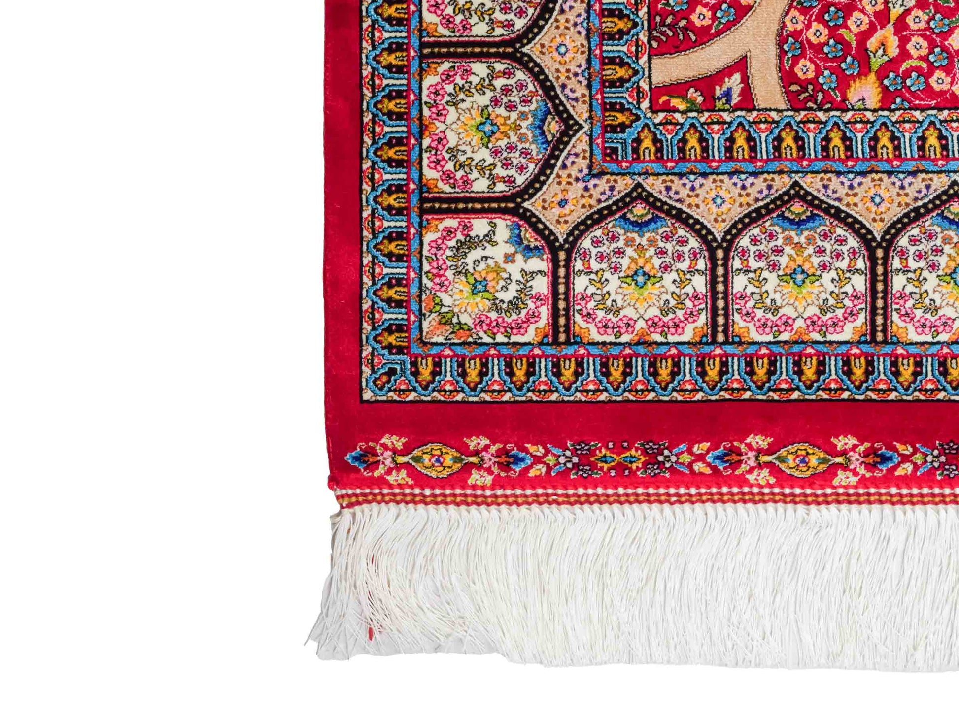 Ghom Maschinenteppich "Goshasp" 150 x 100 cm aus pflanzlicher Seide (Viskose) mit Gumbad-Medaillon, Rot. Teppichnummer: V40RD150H. Persian Luxury Collection by Khademi. Made in Iran / Persia – Vertrieb durch JUPITER Intl.