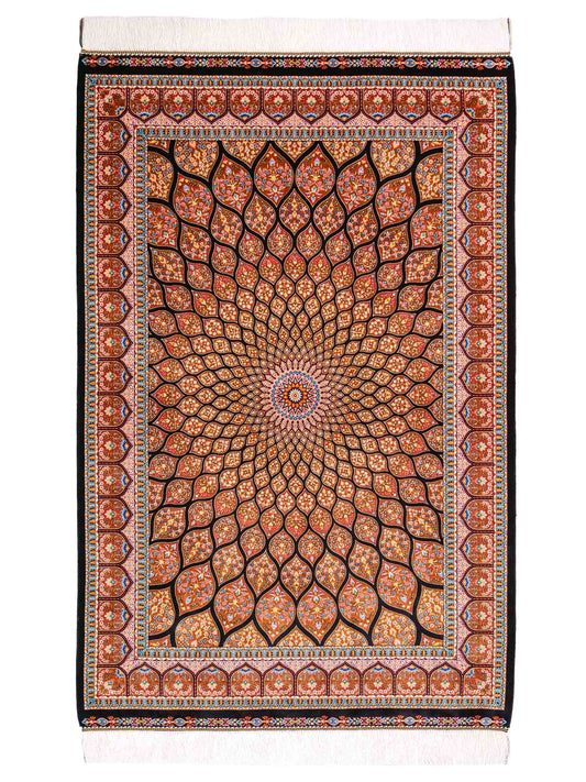 Ghom Maschinenteppich "Goshasp" 150 x 100 cm, mit Medaillon, aus pflanzlicher Seide (Viskose), Schwarz-Braun. Teppichnummer: V40BB150H. Persian Luxury Collection by Khademi. Made in Iran / Persia – Vertrieb durch JUPITER Intl.