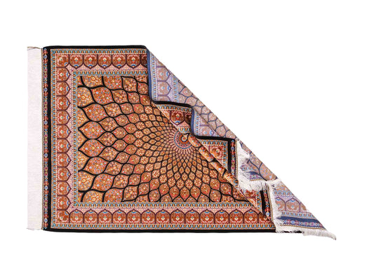 Ghom Maschinenteppich "Goshasp" 150 x 100 cm, mit Medaillon, aus pflanzlicher Seide (Viskose), Schwarz-Braun. Teppichnummer: V40BB150H. Persian Luxury Collection by Khademi. Made in Iran / Persia – Vertrieb durch JUPITER Intl.