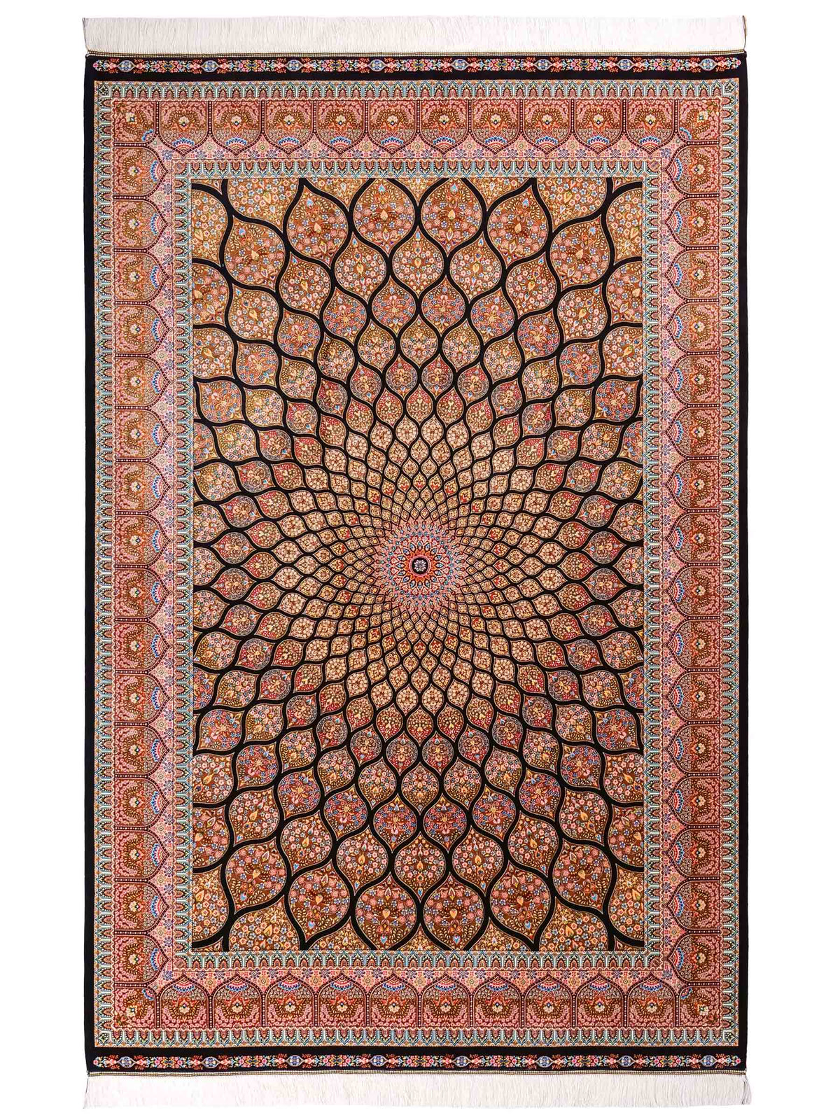 Ghom Maschinenteppich "Goshasp" 225 x 150 cm, mit Medaillon, aus pflanzlicher Seide (Viskose), Schwarz-Braun. Teppichnummer: V40BB338H. Persian Luxury Collection by Khademi. Made in Iran / Persia – Vertrieb durch JUPITER Intl.