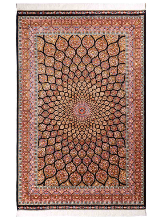 Ghom Maschinenteppich "Goshasp" 225 x 150 cm, mit Medaillon, aus pflanzlicher Seide (Viskose), Schwarz-Braun. Teppichnummer: V40BB338H. Persian Luxury Collection by Khademi. Made in Iran / Persia – Vertrieb durch JUPITER Intl.