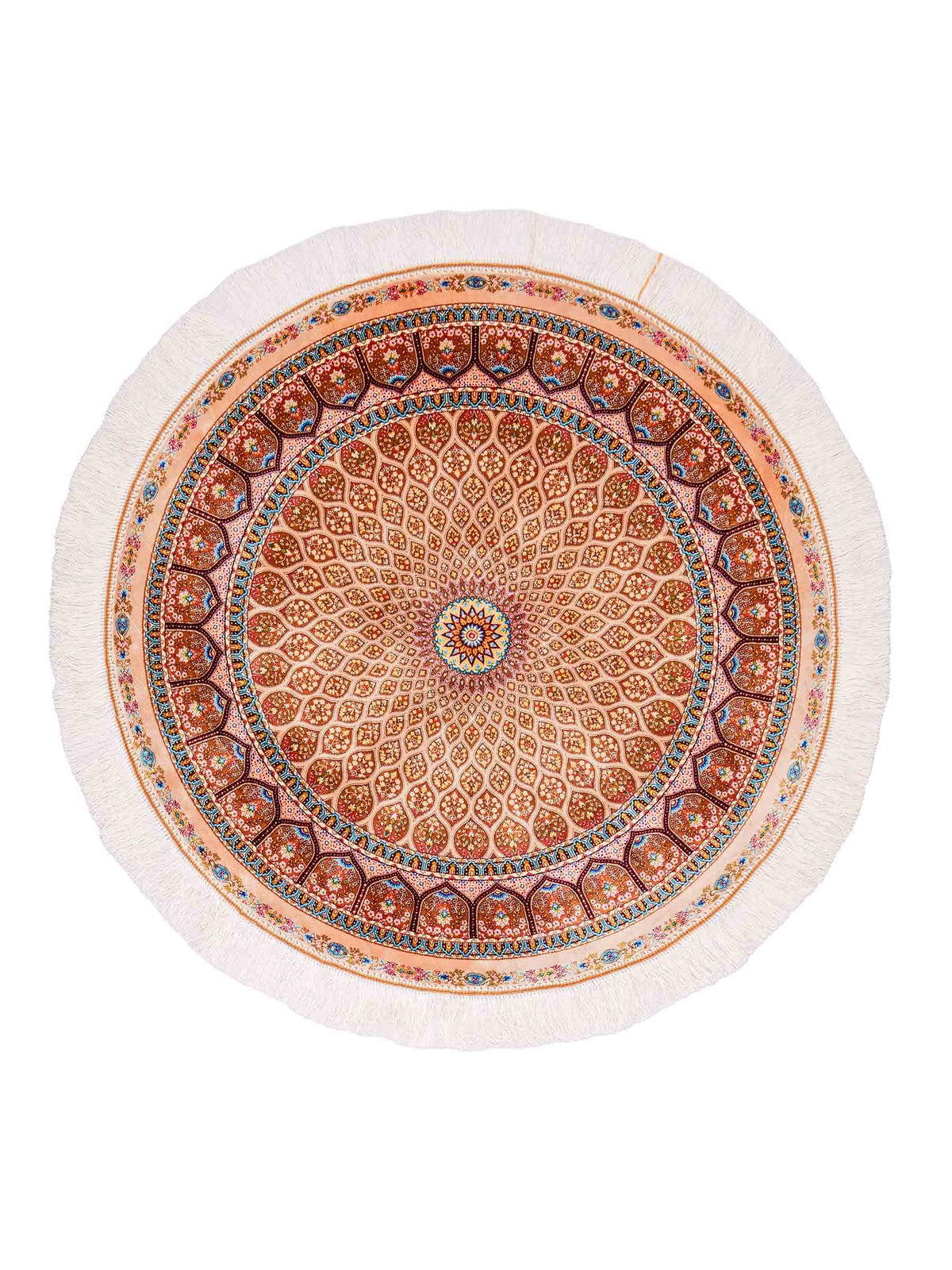 Runder Ghom Maschinenteppich "Goshasp" 100 x 100 cm, mit Medaillon, aus pflanzlicher Seide (Viskose), Beige-Cremeweiß. Teppichnummer: V40BG100H. Persian Luxury Collection by Khademi. Made in Iran / Persia – Vertrieb durch JUPITER Intl.